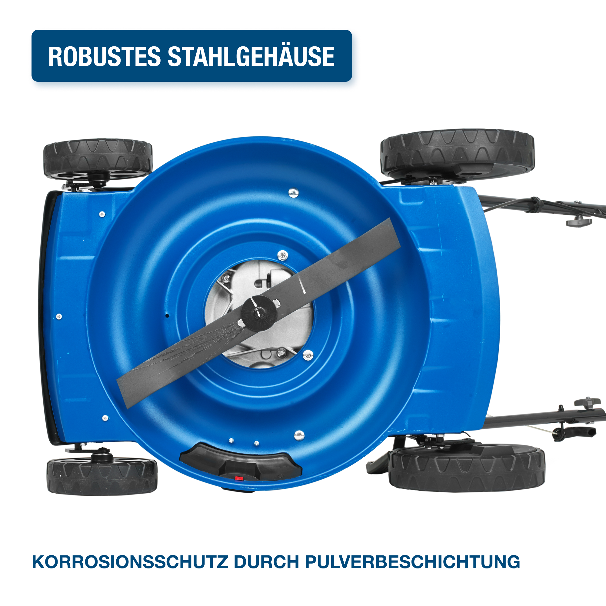 Unteransicht eines blauen Rasenmähers mit schwarzem Messer und schwarzem Kunststoffrahmen.