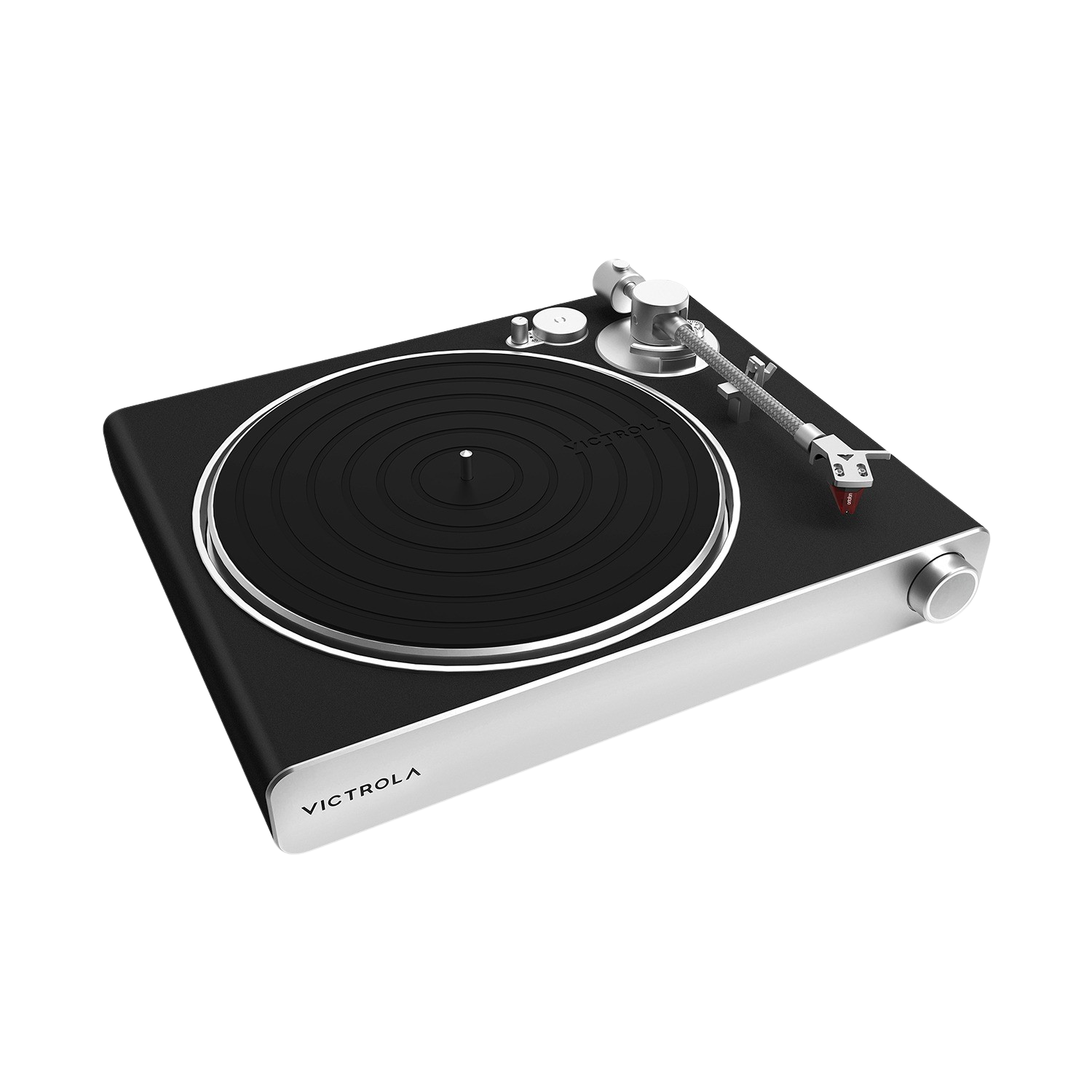 Zwarte en zilveren Victrola platenspeler met een zwarte vinylplaat.