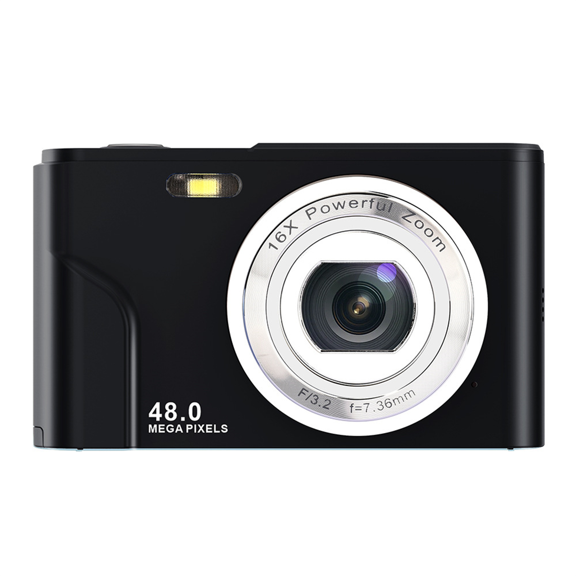 Schwarze Digitalkamera mit silbernem Objektiv, 48,0 Megapixel, mit Blitz.