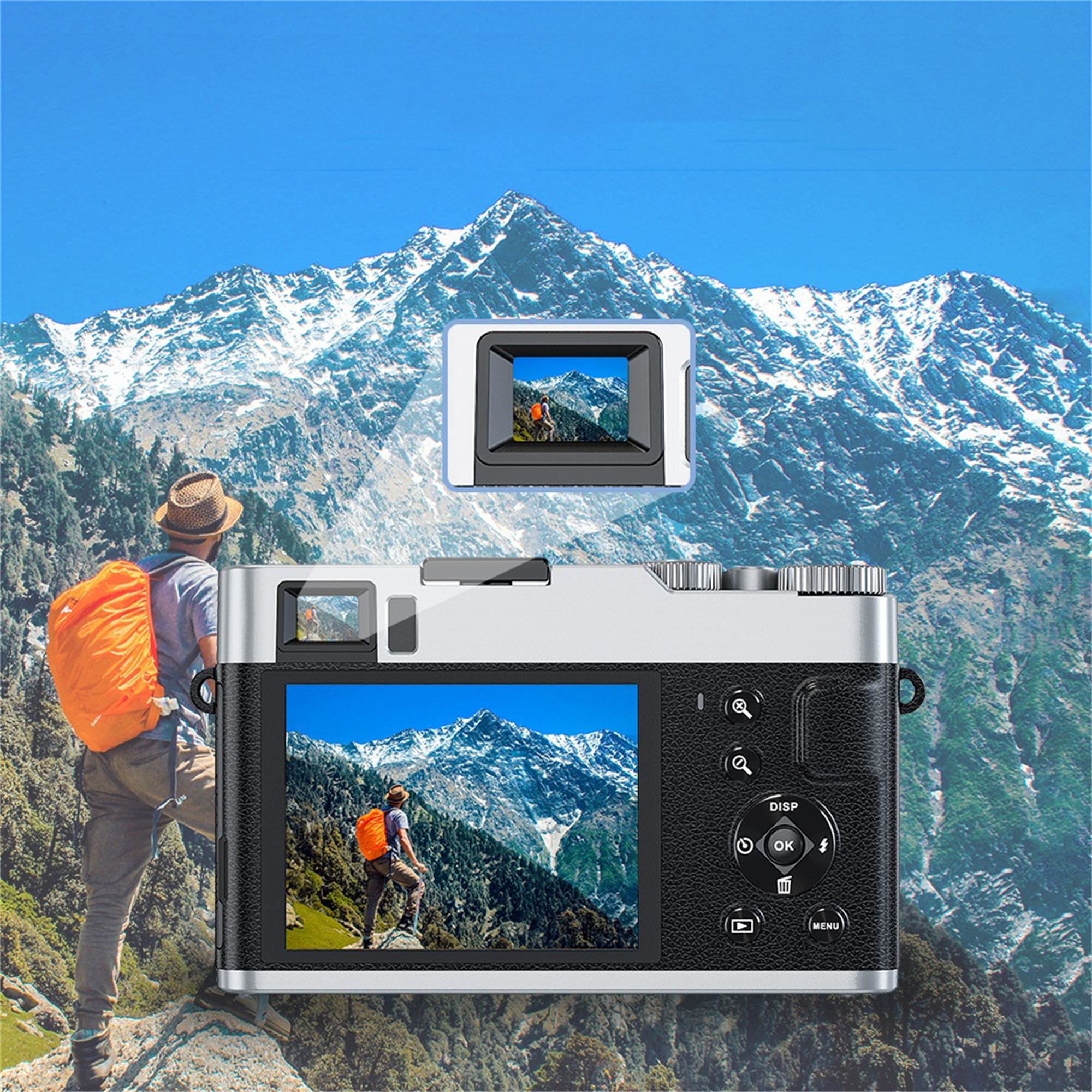 Eine Kamera mit Blick auf einen Berg. Ein Mann steht mit einem orangefarbenen Rucksack. Der Himmel ist blau.