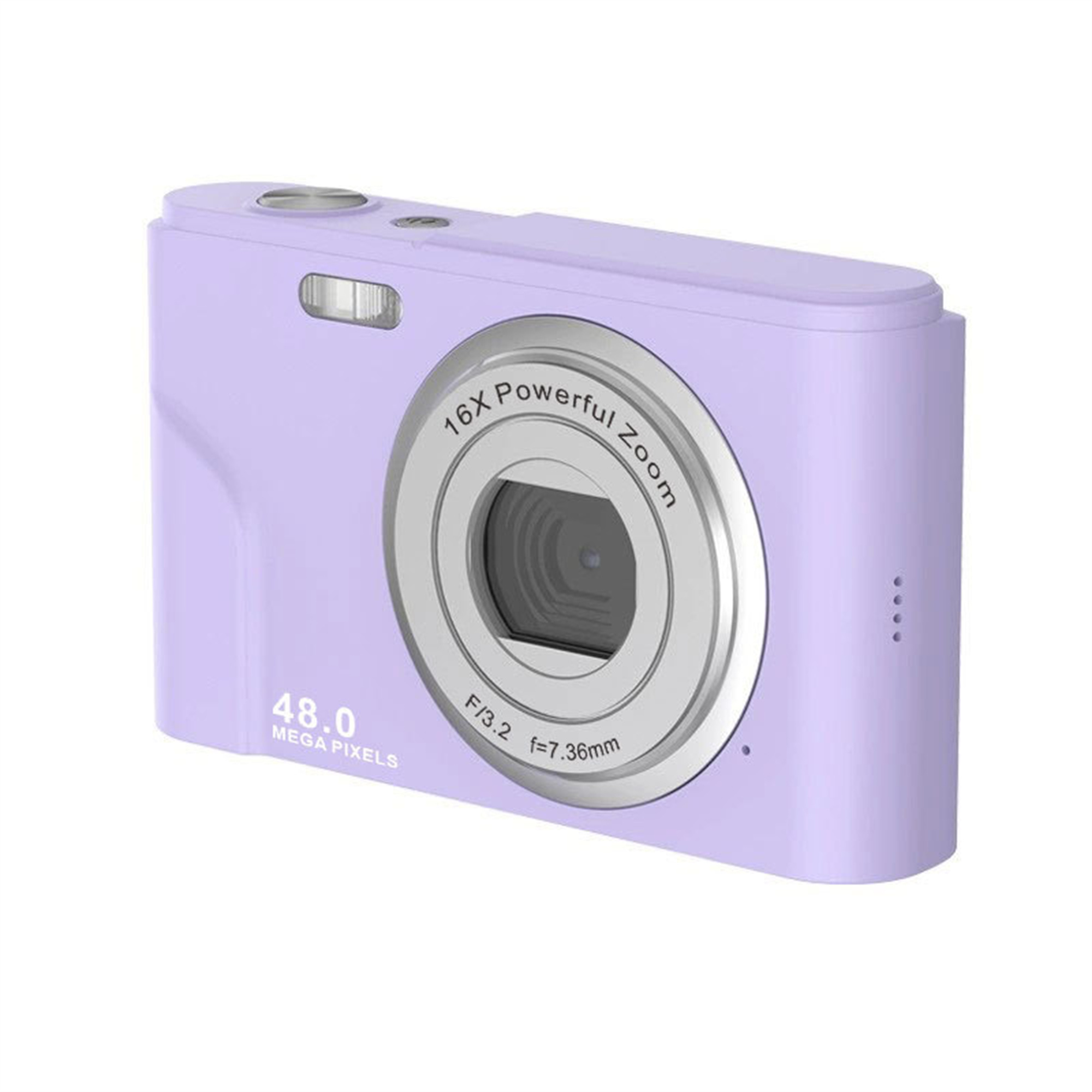 Eine lavendelfarbene Digitalkamera mit 16-fach-Zoom und 48,0 Megapixeln.