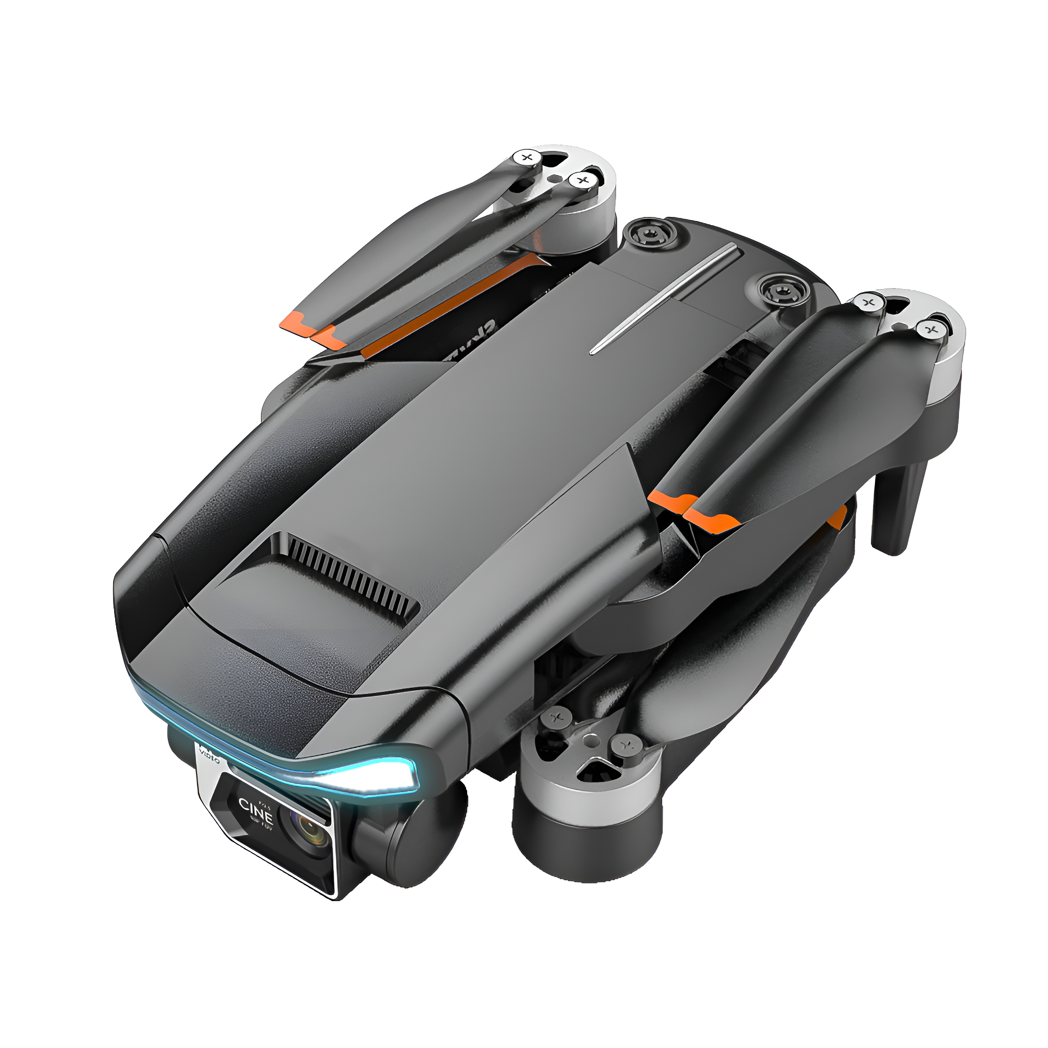 Schwarze Drohne mit Kamera, vier Rotoren und elegantem Design.