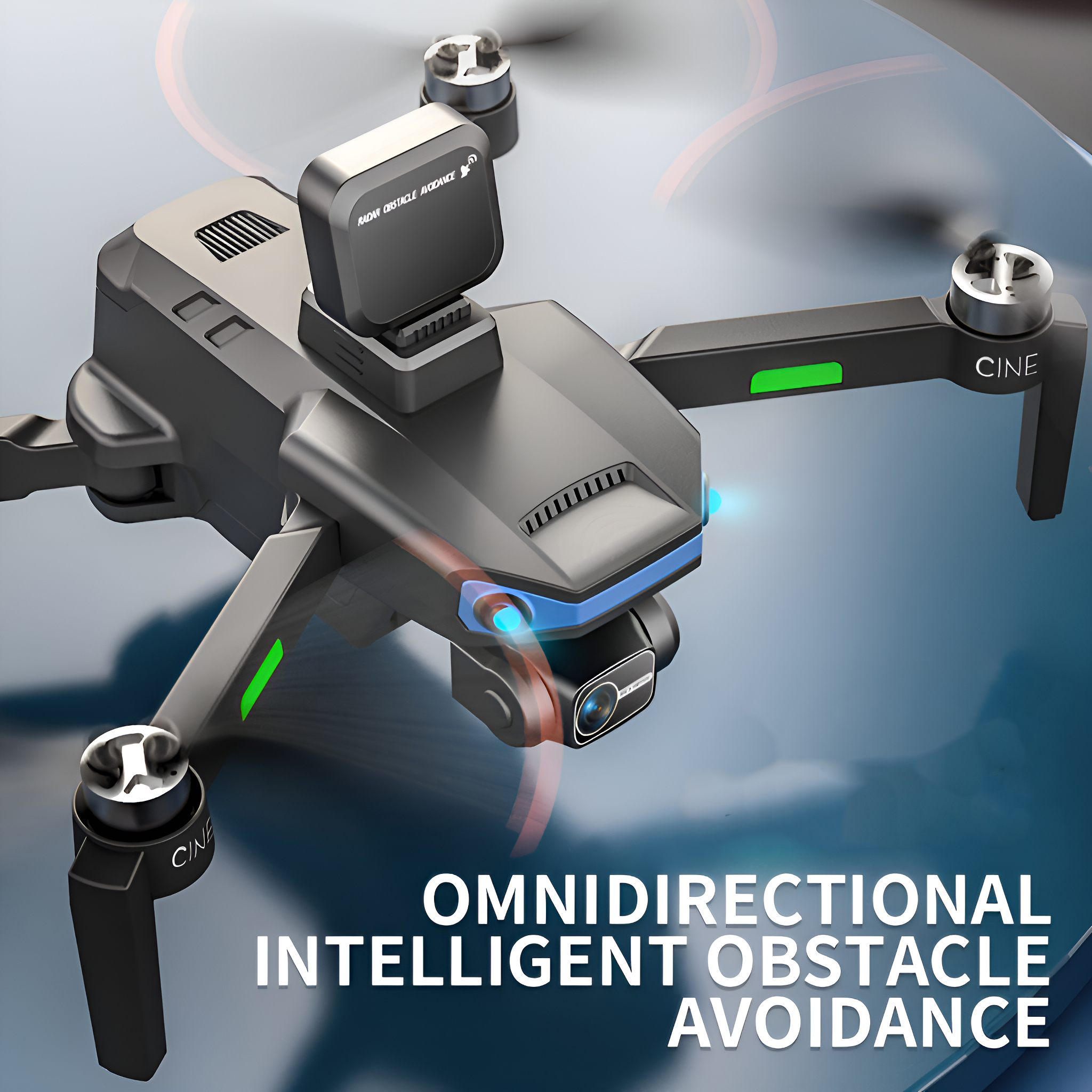 Schwarze Drohne. Sie hat vier Arme, zwei grüne Lichter und die Worte: OMNIDIRECTIONAL INTELLIGENT OBSTACLE AVOIDANCE.