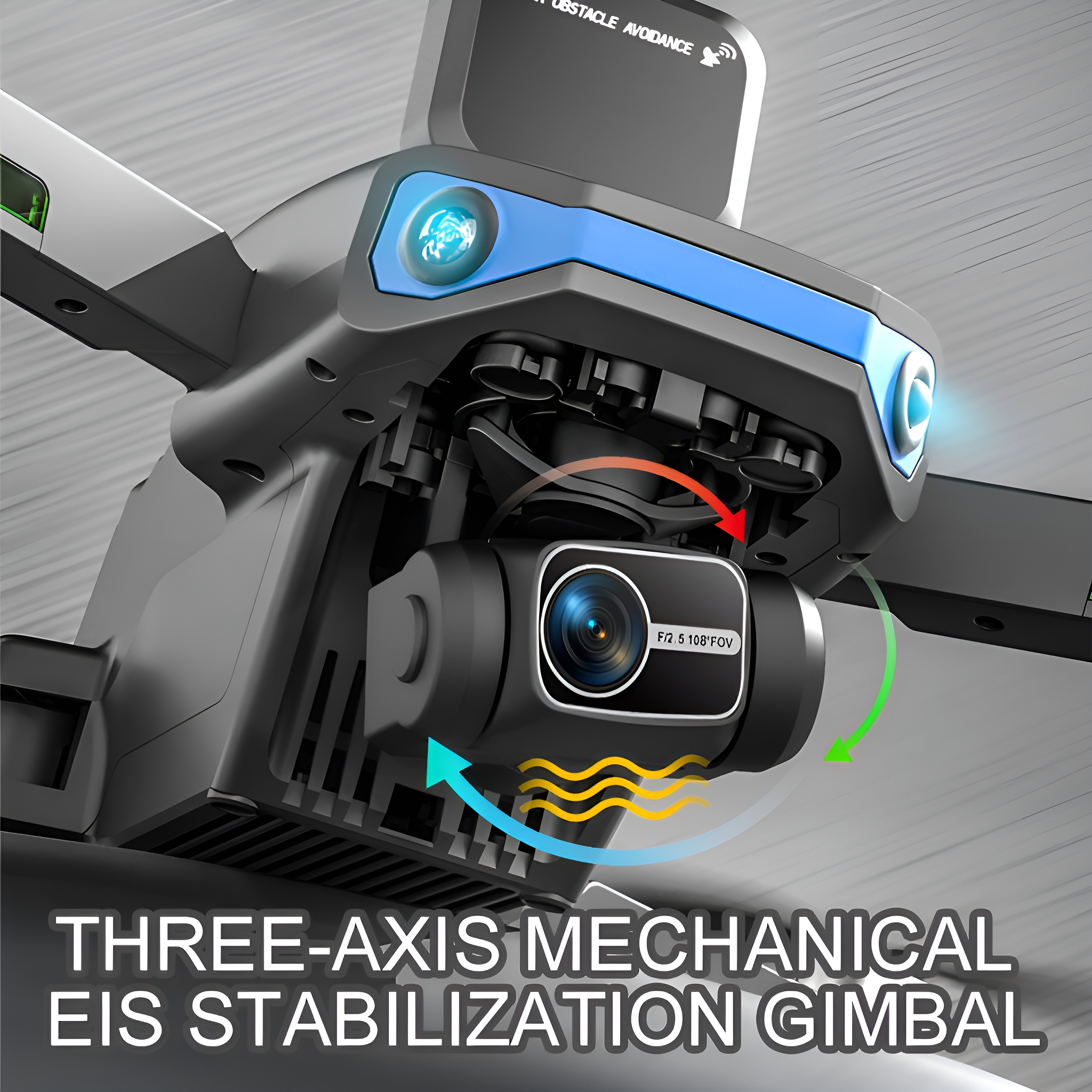 Drohne mit Drei-Achsen-Gimbal, Pfeile, Text: DREI-ACHSEN-MECHANISCHE EIS-STABILISIERUNGS-GIMBAL.