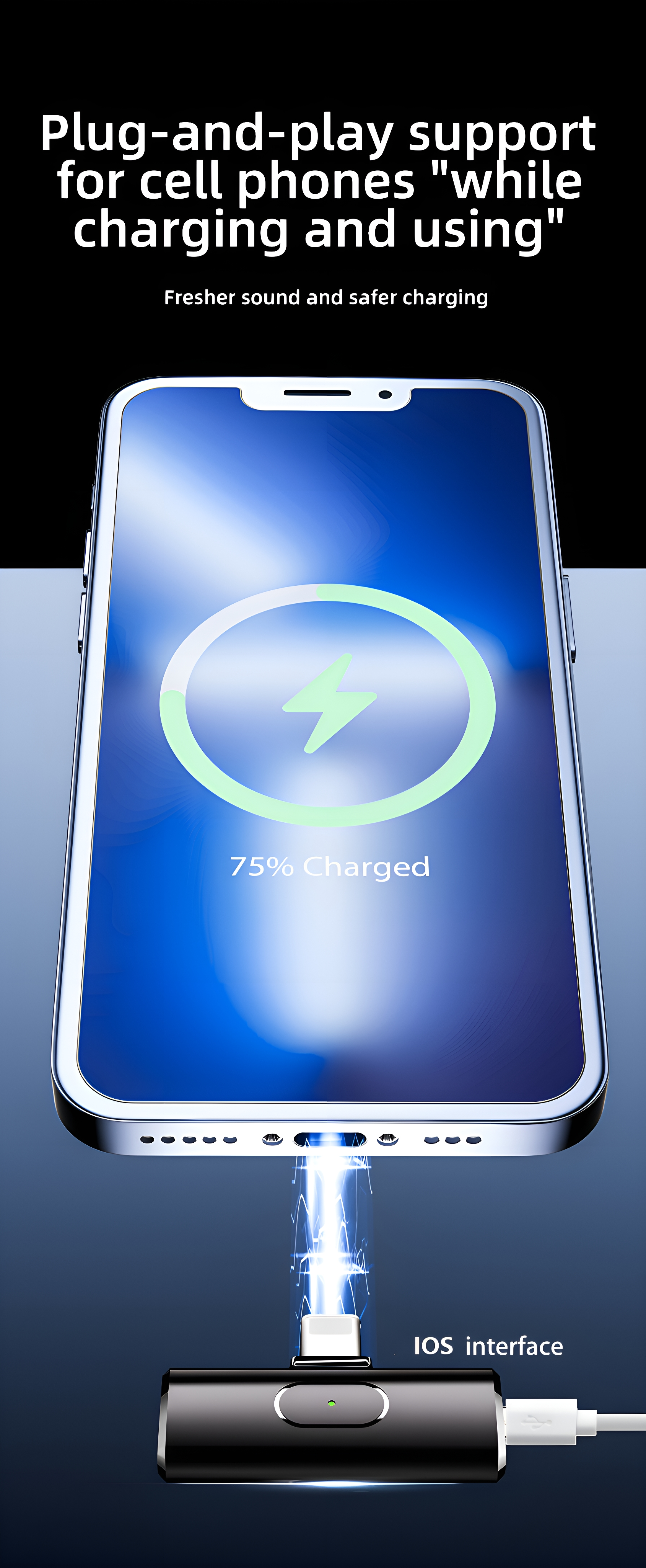 Smartphone, das an einem schwarzen Zubehörteil geladen wird, mit Ladeanzeige.