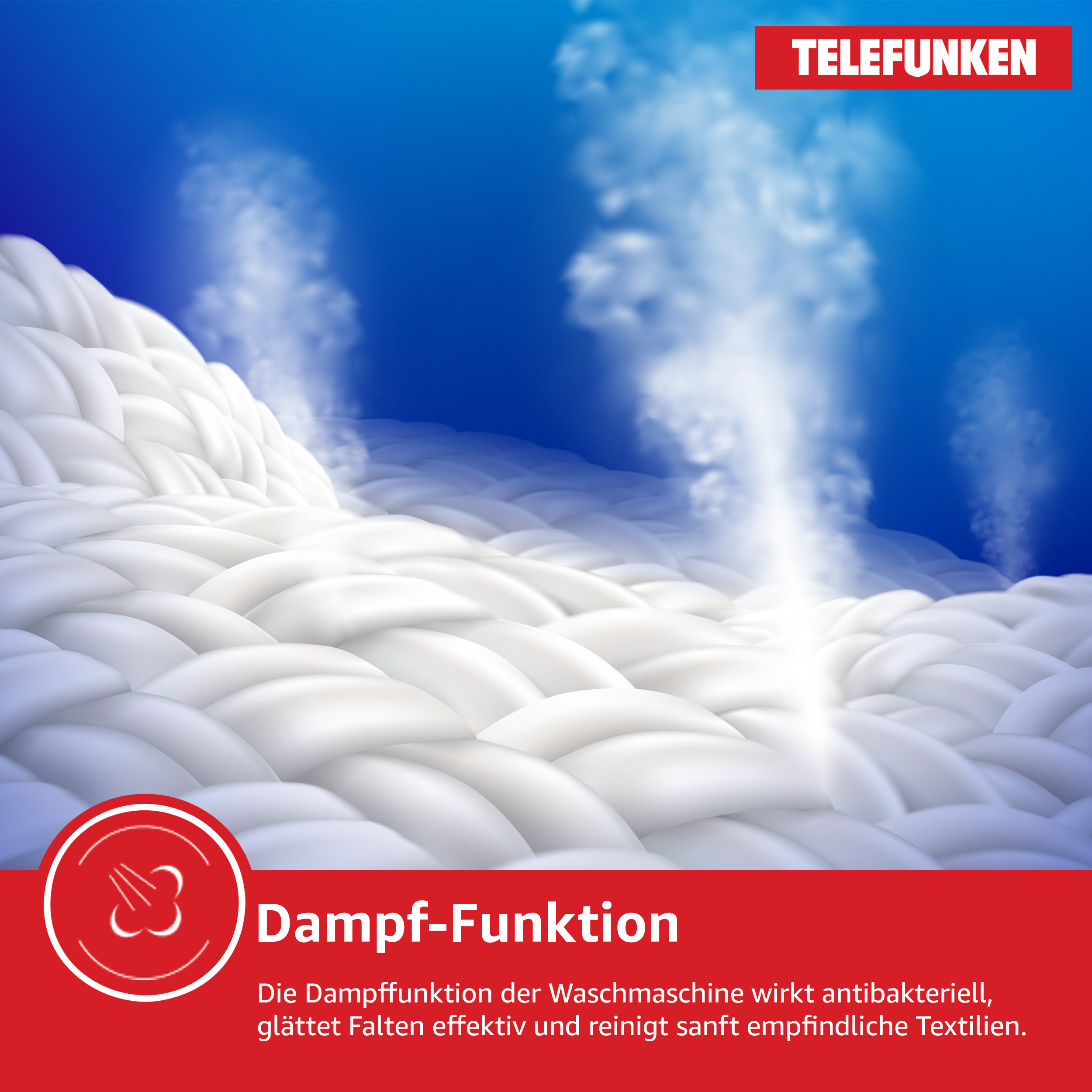 Weißer Stoff mit Dampfgrafiken und dem Wort TELEFUNKEN.