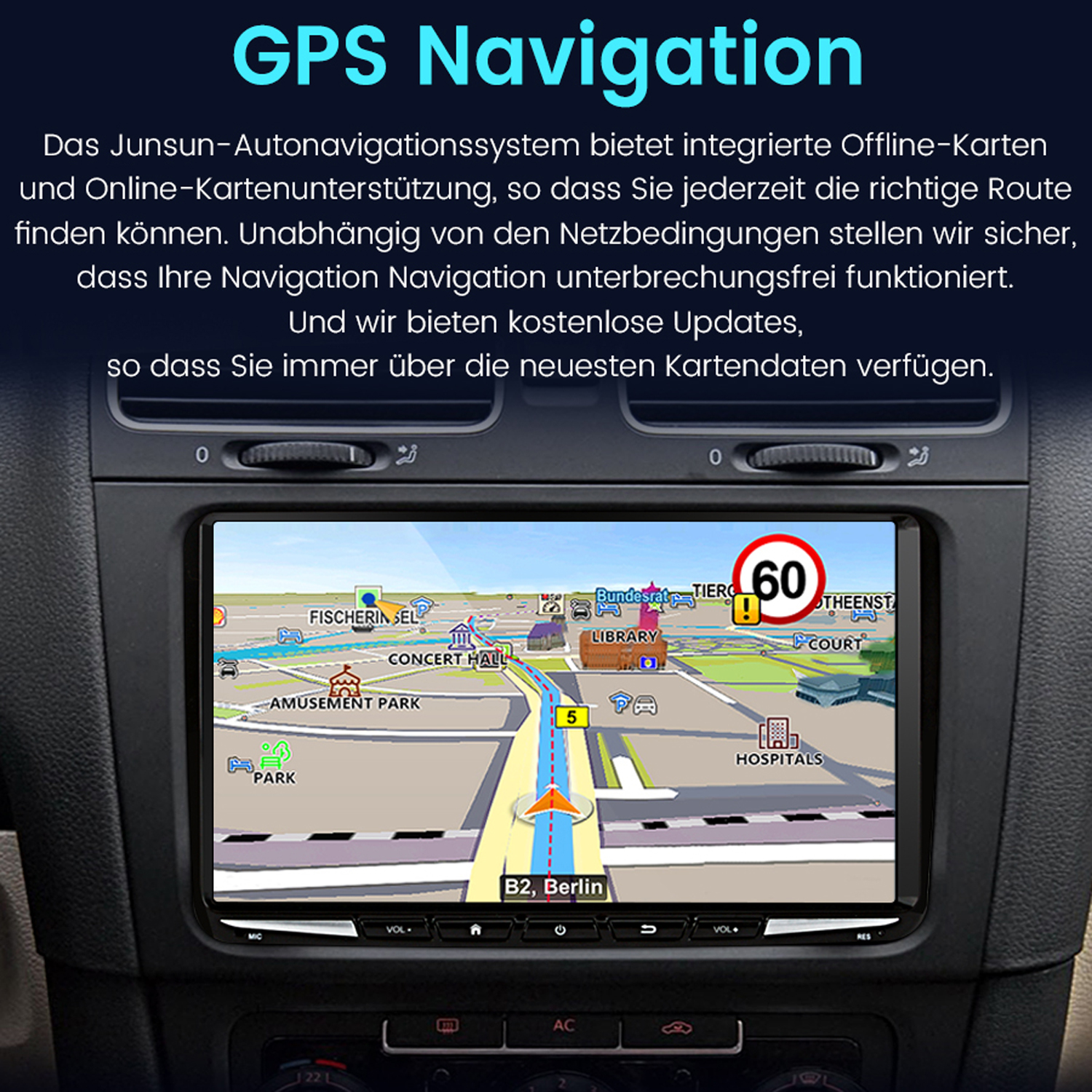 Auto-Navigationsbildschirm mit Karte, Text auf Deutsch. Armaturenbrett sichtbar.