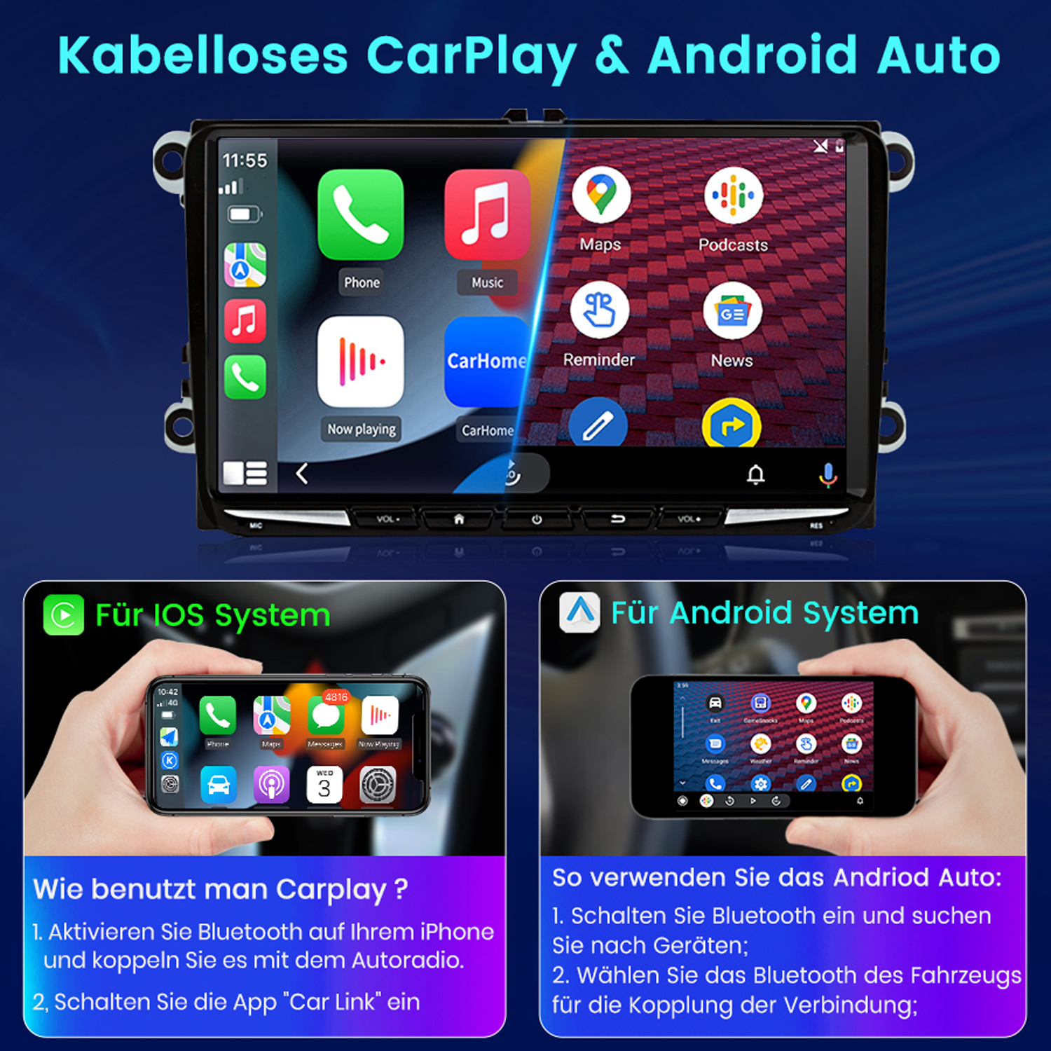 Carplay-Bildschirm, Telefonanzeigen und Anweisungen für iOS und Android. Autoschnittstelle mit App-Symbolen.
