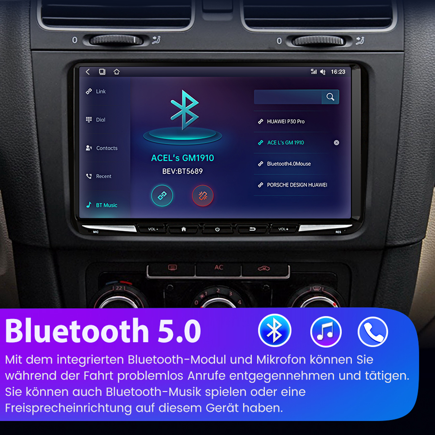 Auto-Stereo-Display mit Bluetooth-Verbindung zu mehreren Geräten, Benutzeroberfläche im Auto.