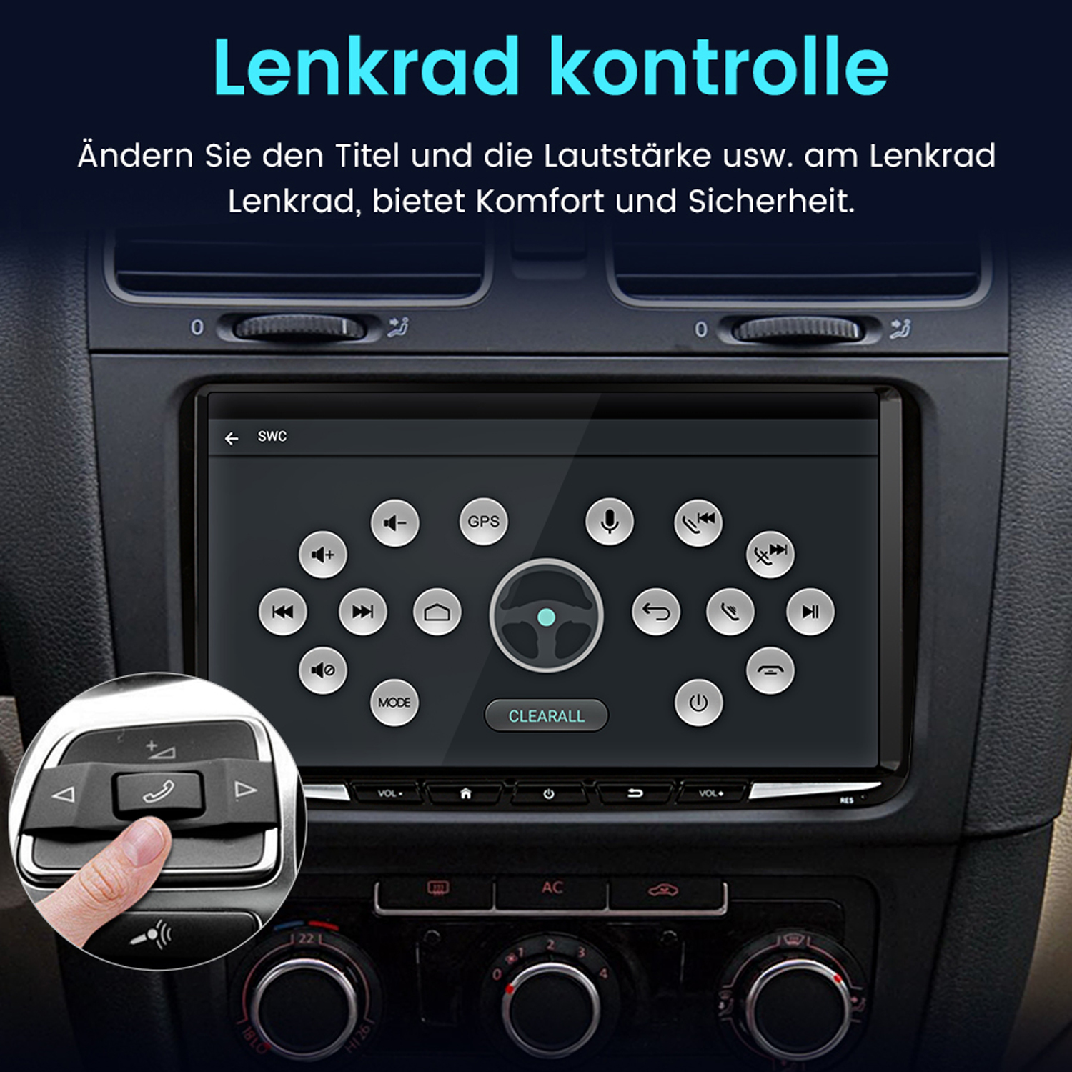 Armaturenbrett mit Bildschirm, der GPS- und Audiosteuerung anzeigt.