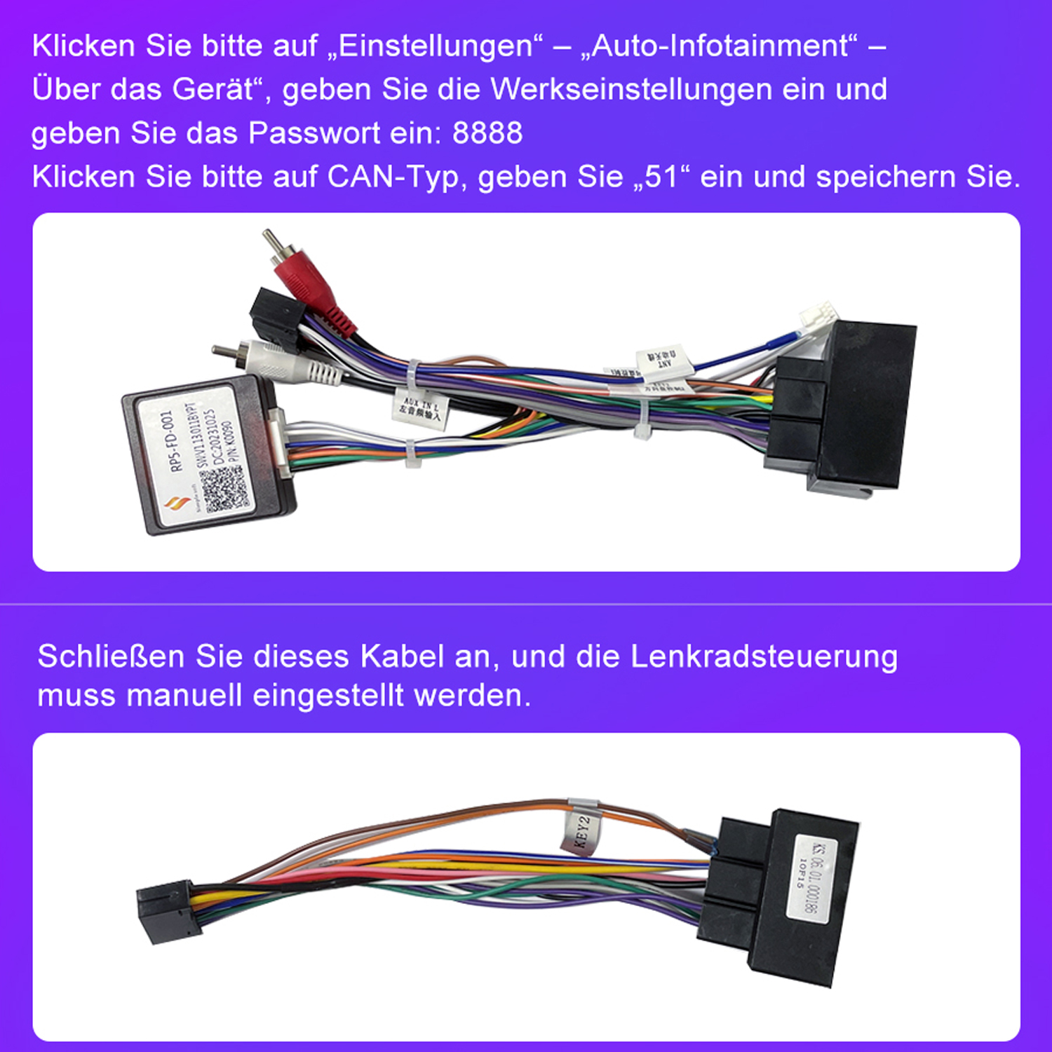 Kabelbäume mit Text. Text und Diagramme. Lila Hintergrund.