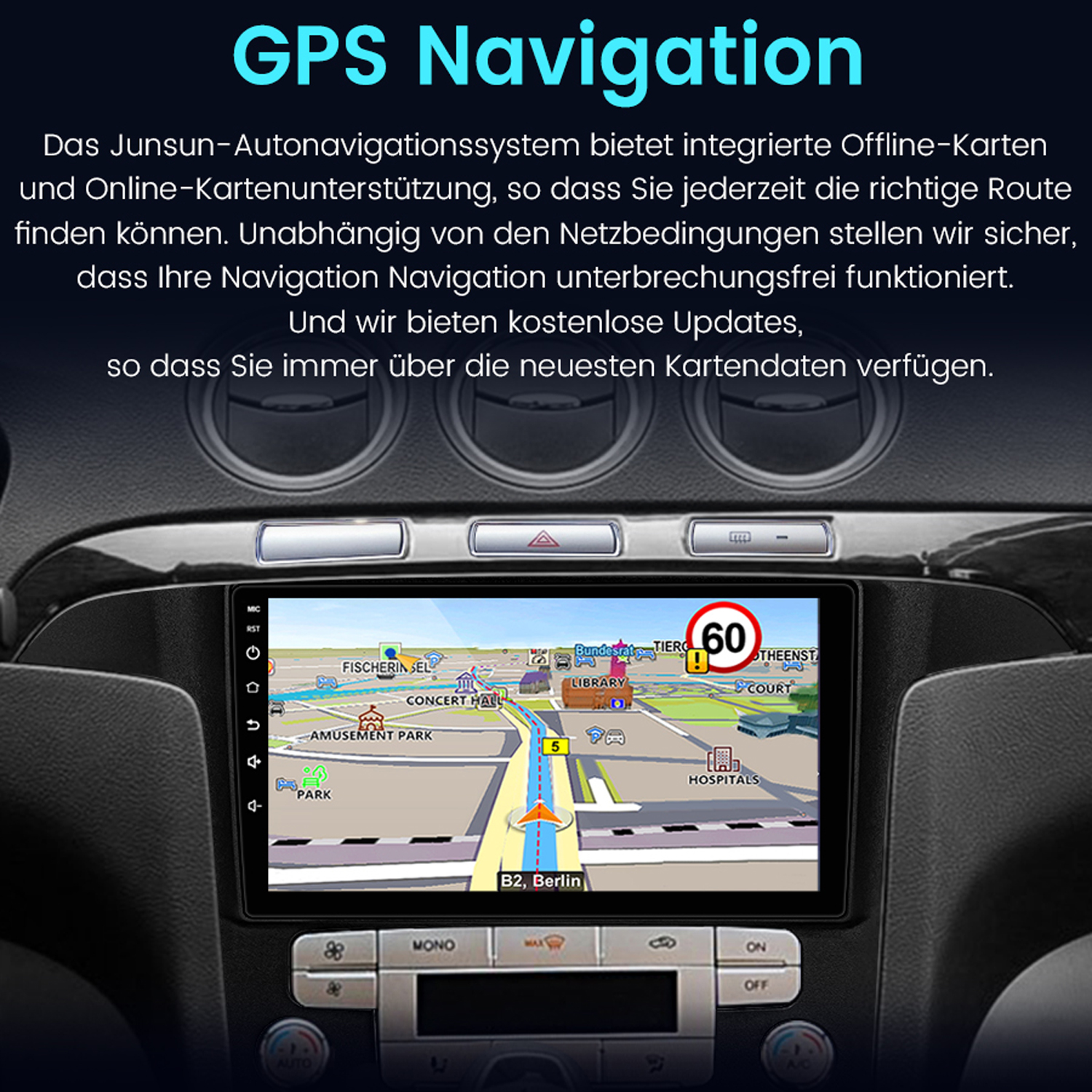 Ein Armaturenbrett mit GPS-Navigation. Der Bildschirm zeigt eine Karte mit Routen.