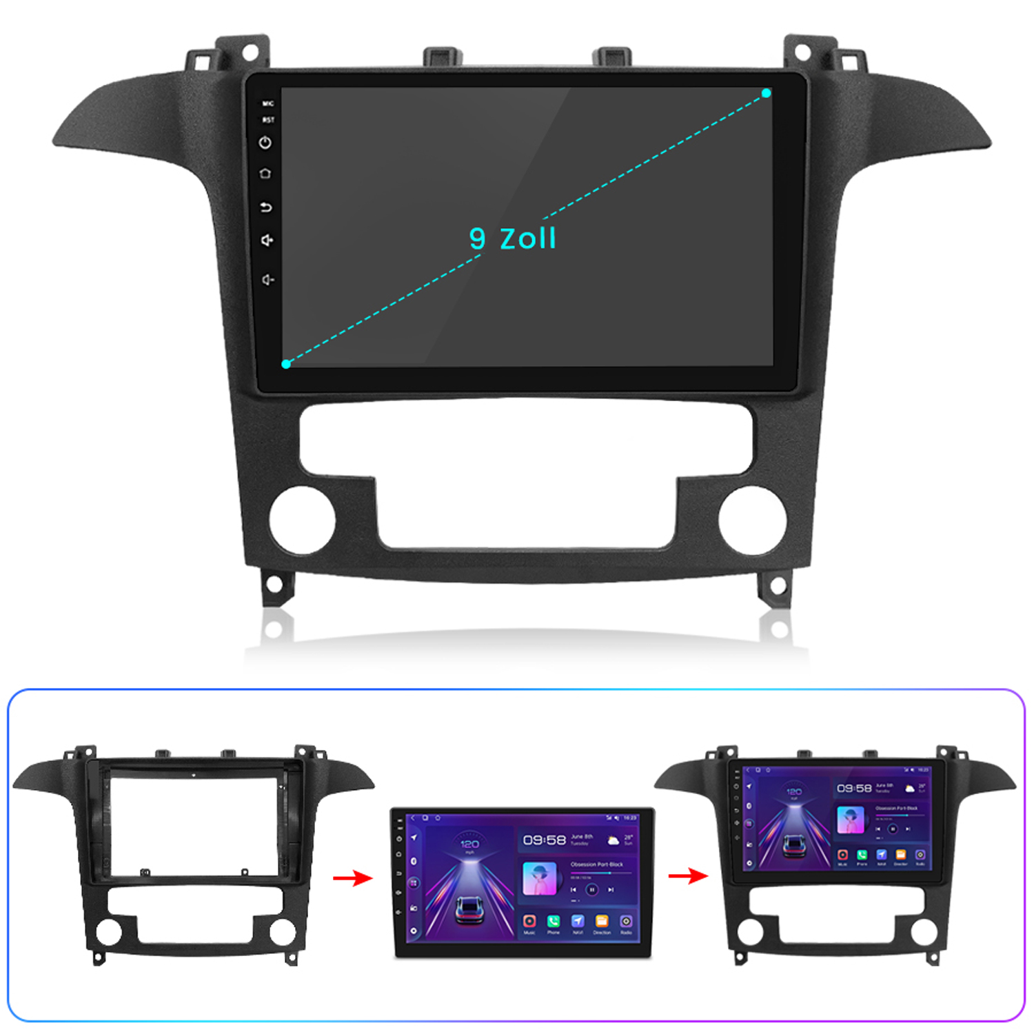 Autoradio-Headunit, schwarz, mit 9-Zoll-Bildschirm. Installationsschritte unten gezeigt.