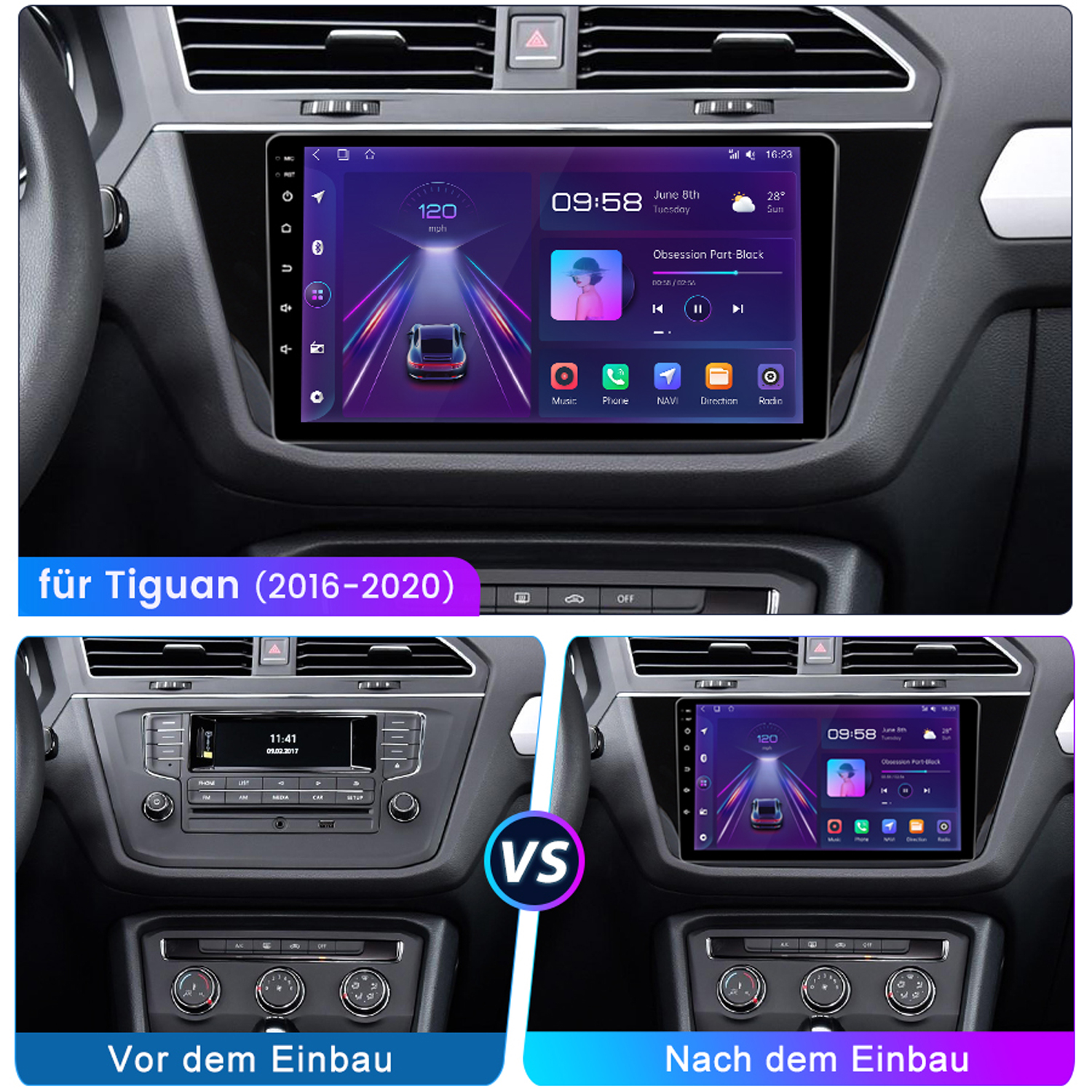 Vergleich des Armaturenbretts eines Autos. Das obere Bild zeigt das neue Armaturenbrett, die unteren sind das alte.
