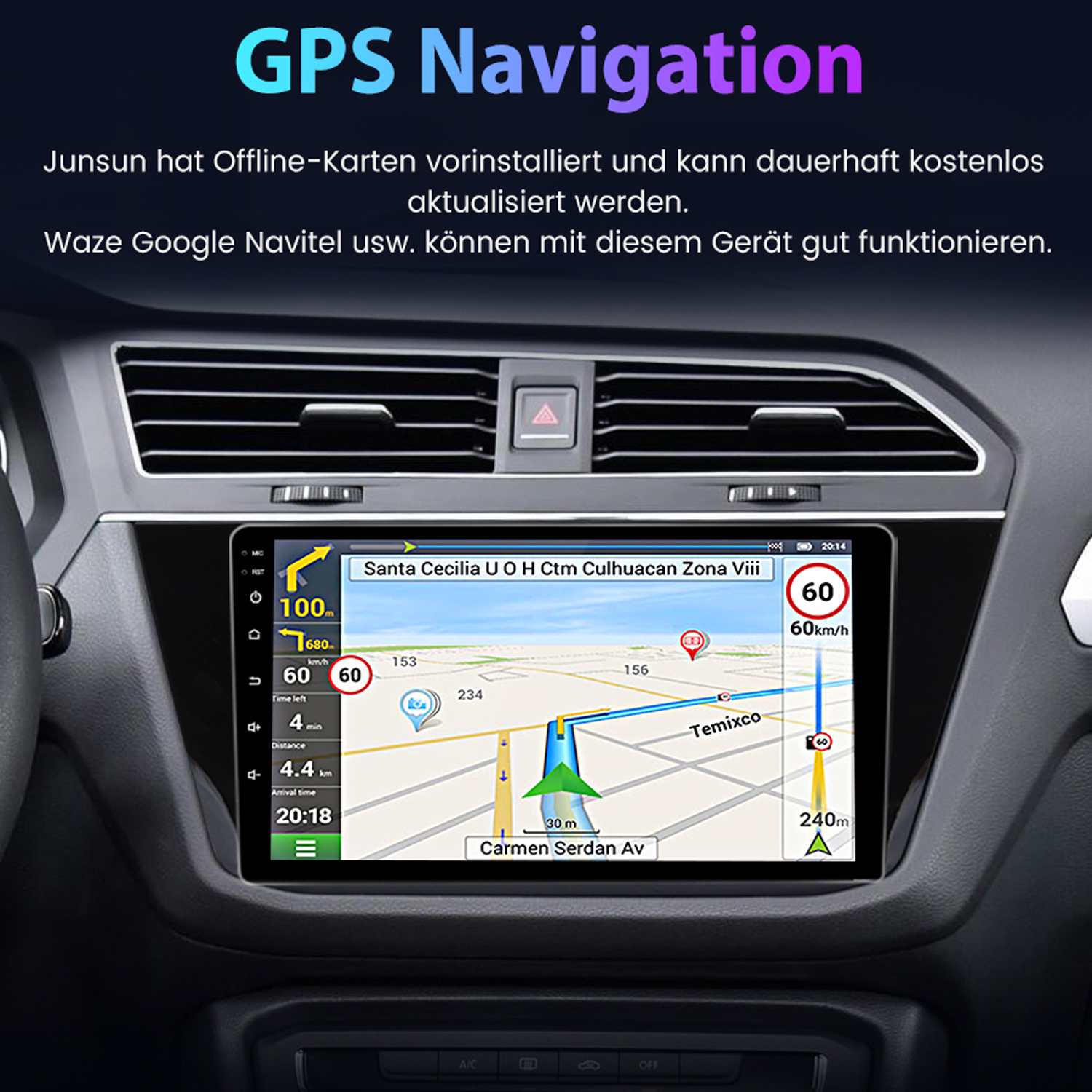 Auto-Armaturenbrett mit Navigationskarte, Text 'GPS Navigation' oben.