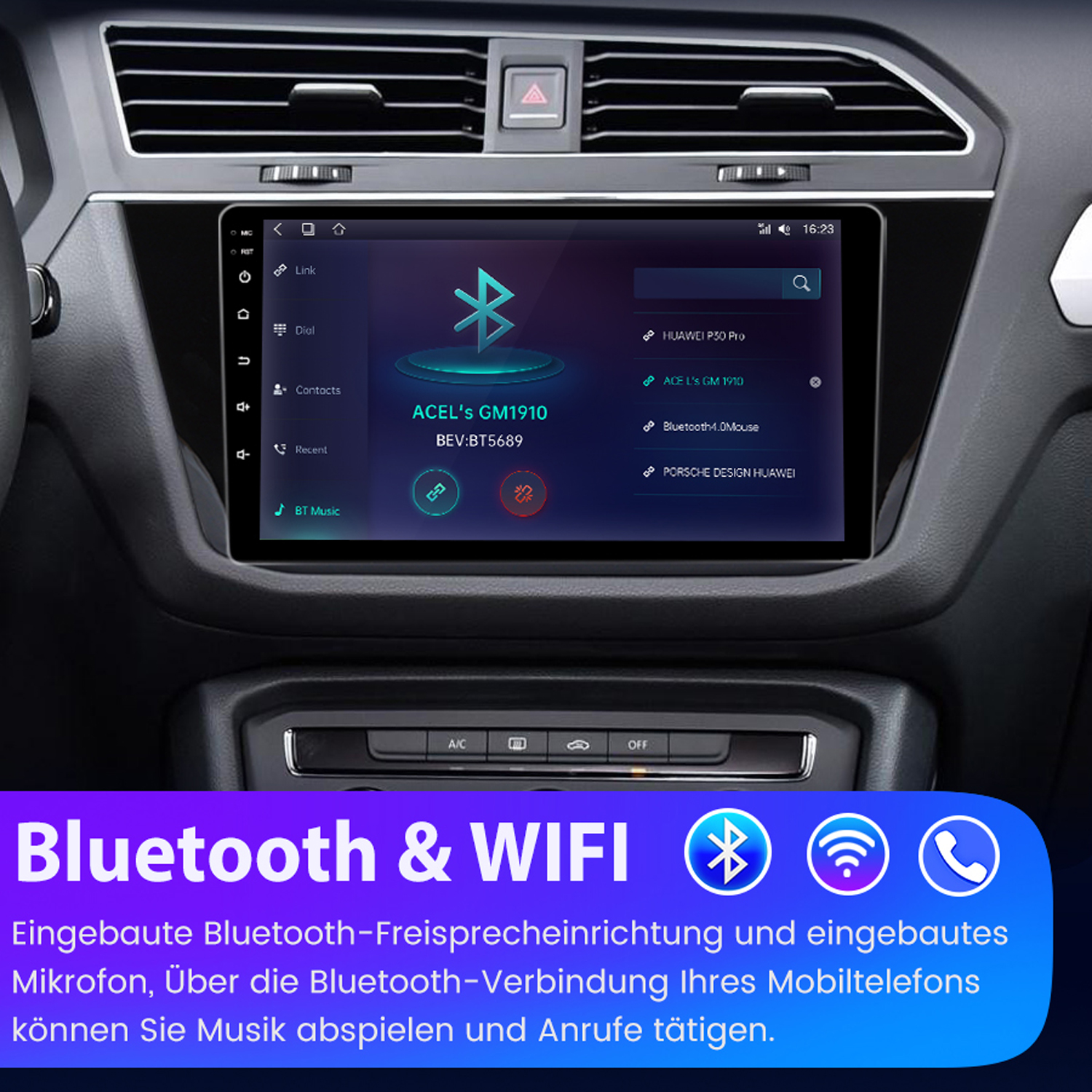 Auto-Armaturenbrett mit Bildschirm, der App-Oberfläche zeigt. Bluetooth- und WIFI-Funktionen.