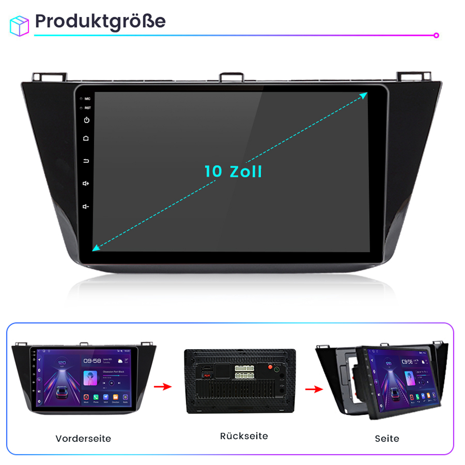 Auto-Multimedia-Display. Draufsicht mit Abmessungen, Vorderseite, Rückseite und Seitenansichten.