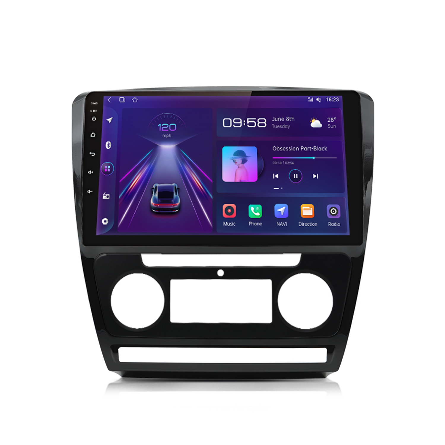 Ein Auto-Multimedia-System mit Bildschirm, der Zeit, Musikinformationen und eine Autografik anzeigt, schwarzer Rahmen.