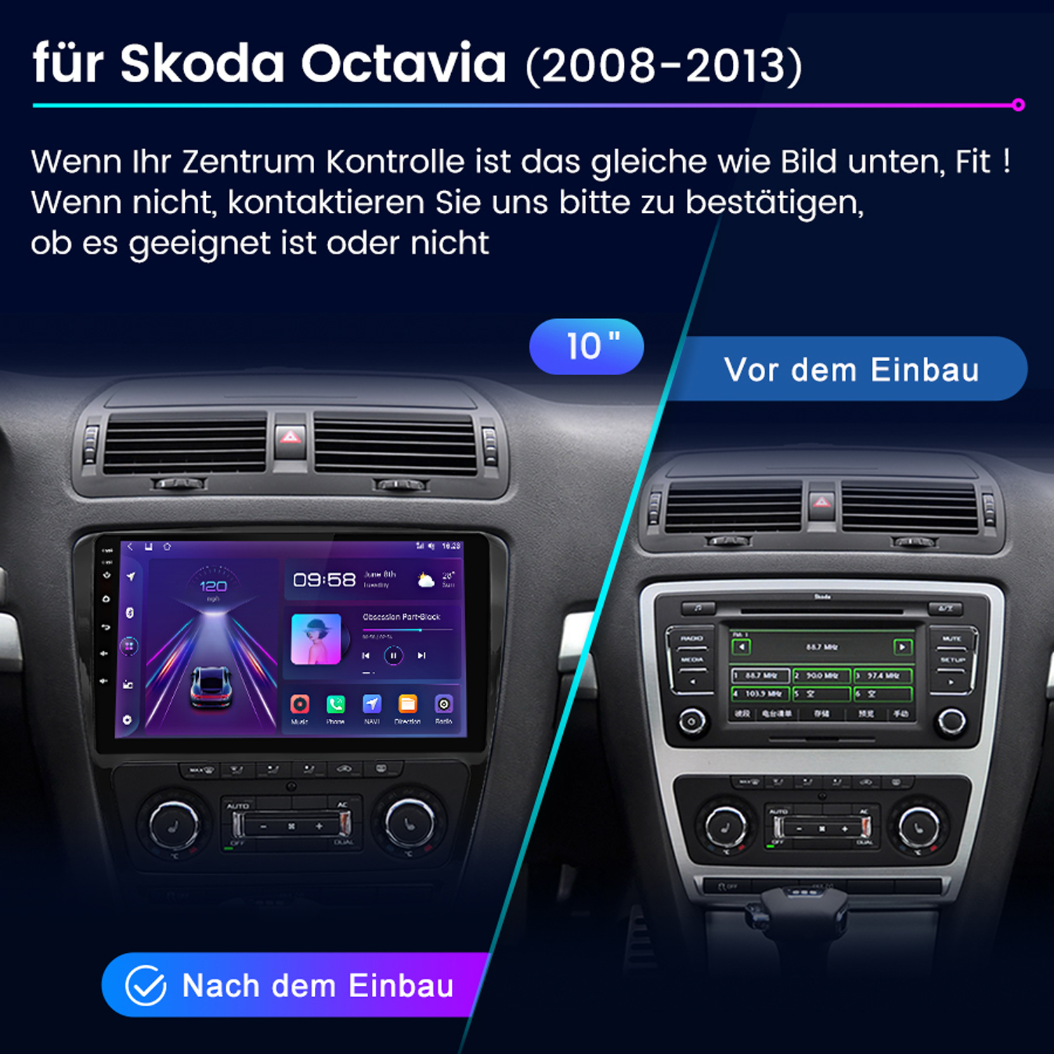 Auto-Armaturenbrettanzeige vor und nach der Installation eines neuen, Text auf Deutsch.