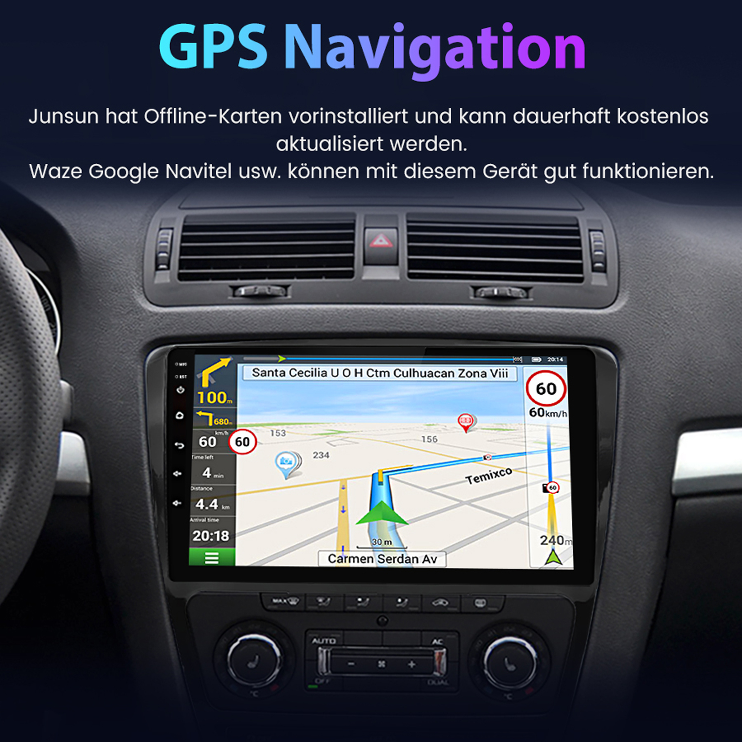 Armaturenbrett mit Navigationsbildschirm, der eine Karte und Geschwindigkeitsinformationen anzeigt.