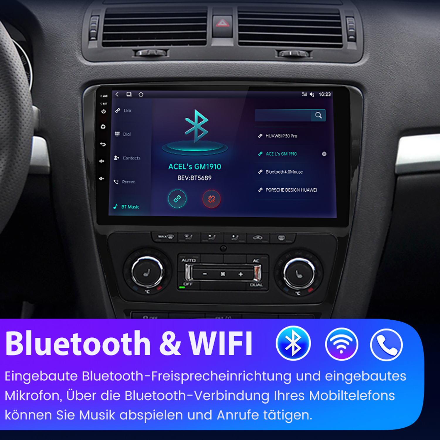 Autoinstrumententafel mit Bildschirm, der Bluetooth-Optionen und Uhrzeit anzeigt. Knöpfe, Zifferblätter sichtbar.