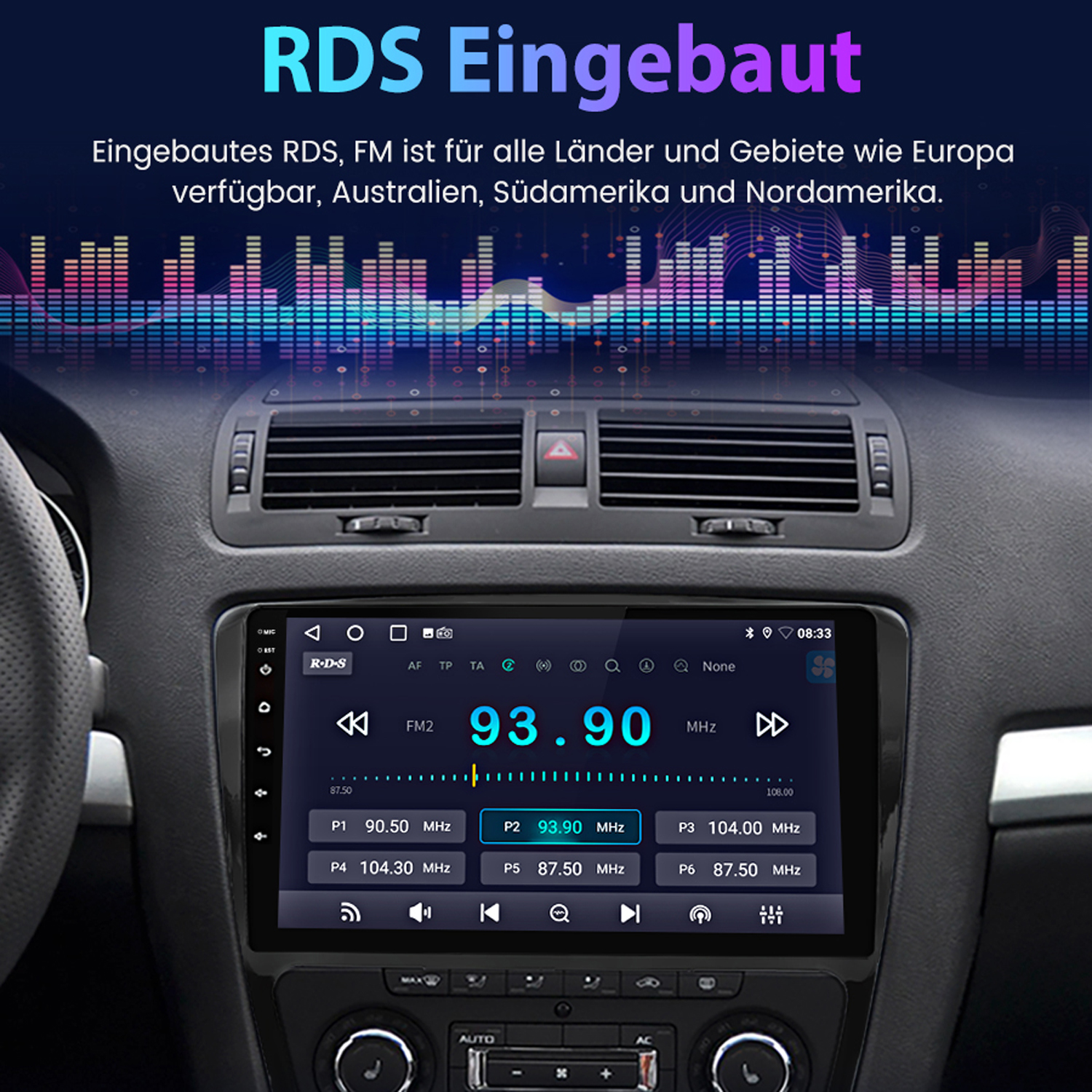 Autoradio-Bildschirm mit Radiosender, deutschem Text und farbigem Equalizer.