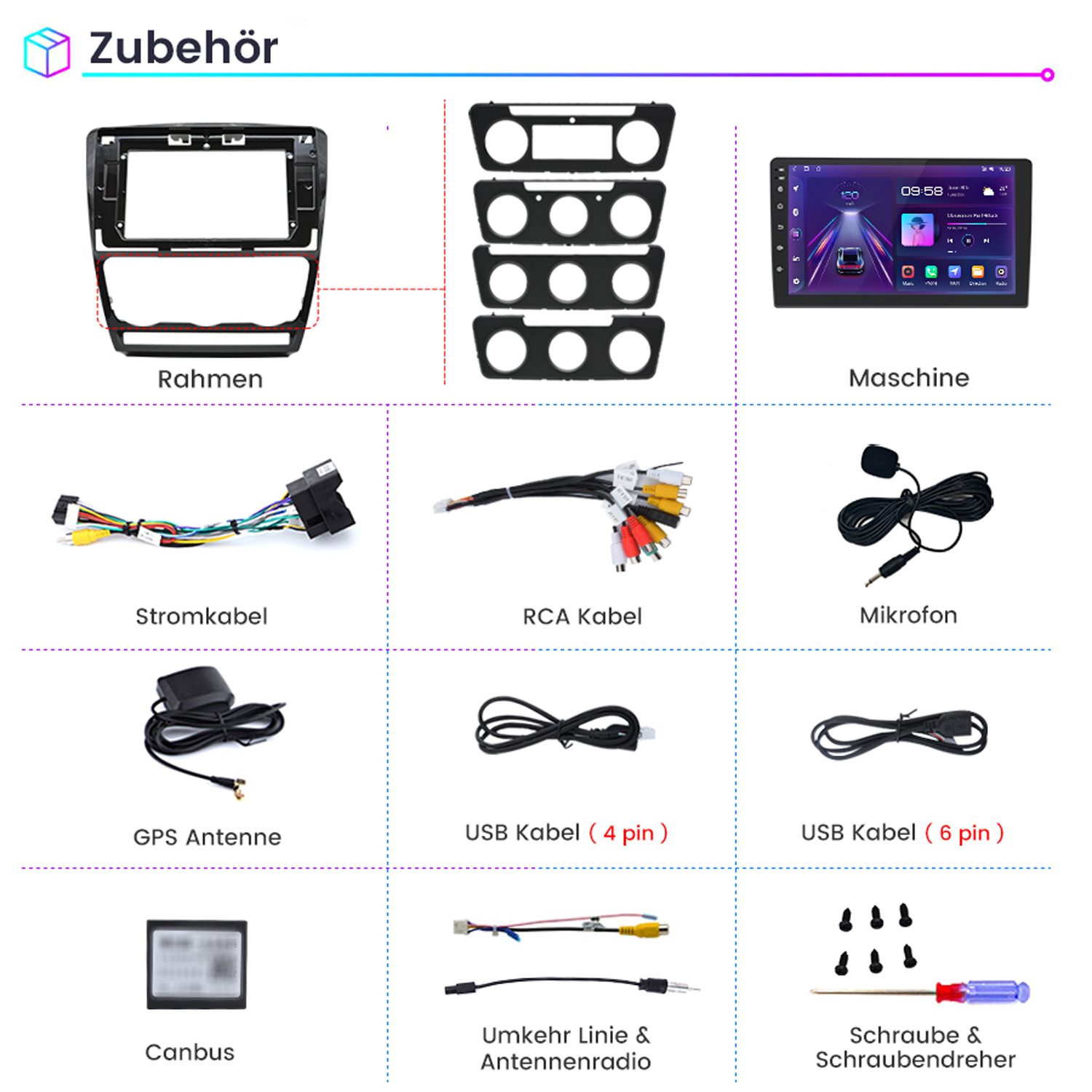 Verschiedenes Autozubehör in einem Raster angeordnet. Enthält Rahmen, Kabel und ein Mikrofon.