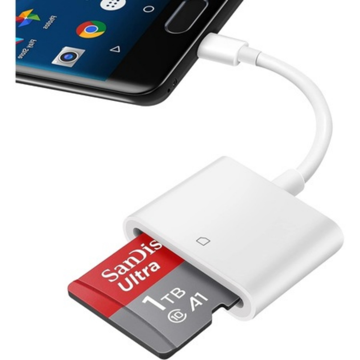 Ein weißer Kartenleser ist mit einem Telefon verbunden. Eine rote 1 TB SD-Karte ist eingesetzt.