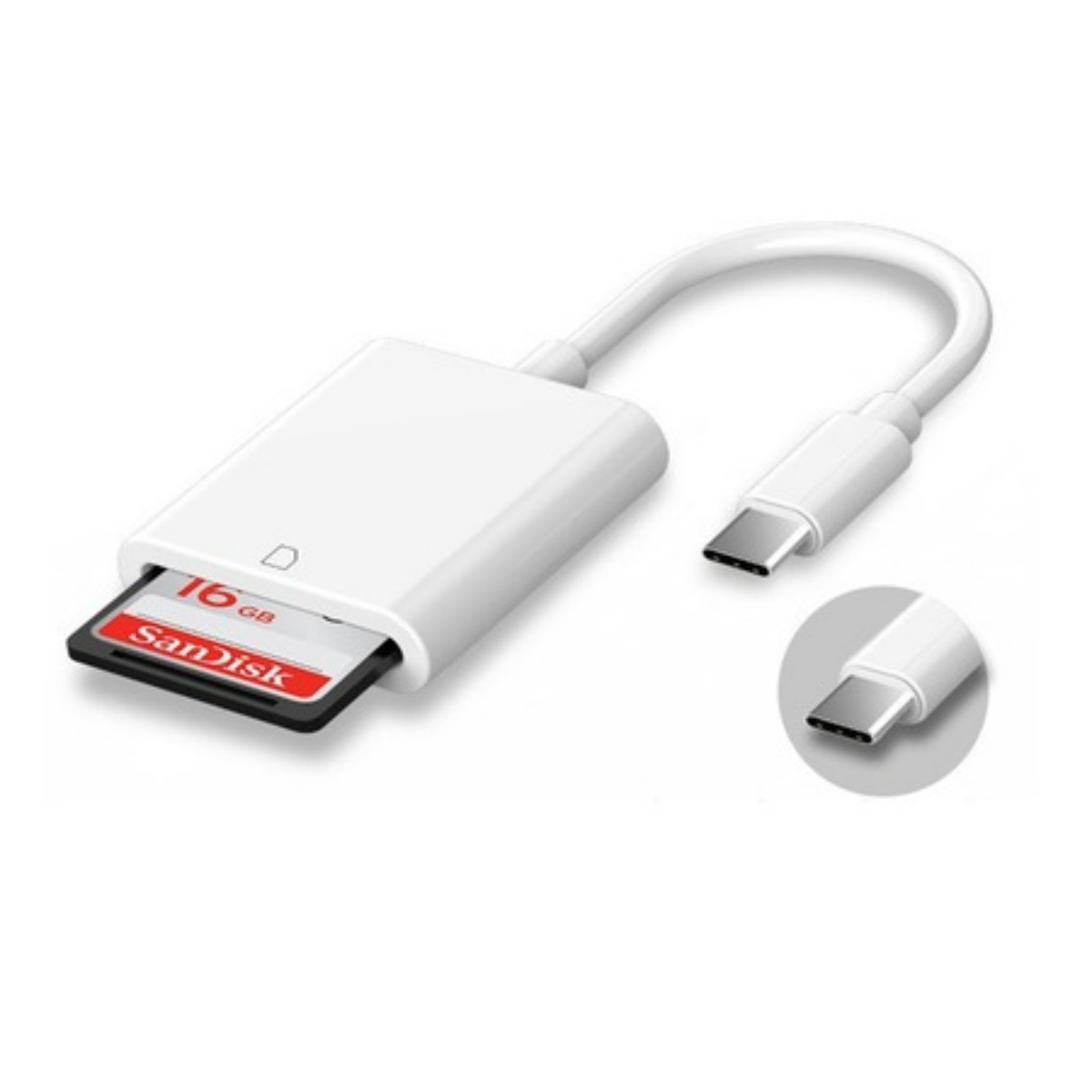 Ein weißer Kartenleser mit einer eingelegten schwarzen SD-Karte und einem USB-C-Anschluss, mit Nahaufnahme des Anschlusses.