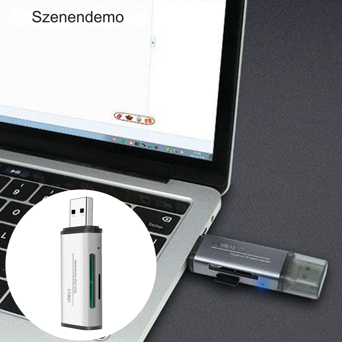 Ein USB 3.0 Multi-Disk-Kartenleser, der mit einem Laptop verbunden ist.