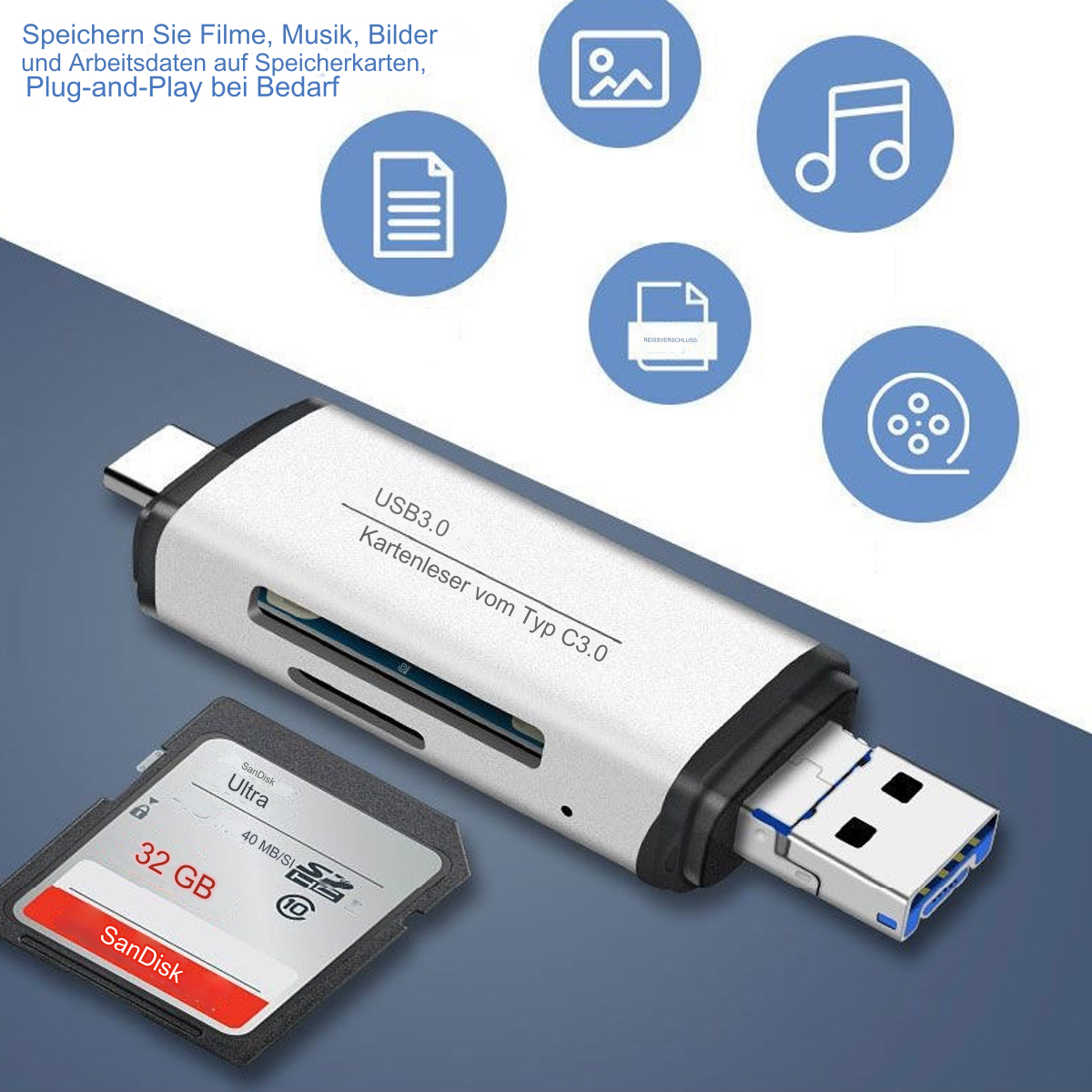 Silberner Kartenleser mit SD-Karte und USB-Stecker. Symbole sind oben sichtbar.