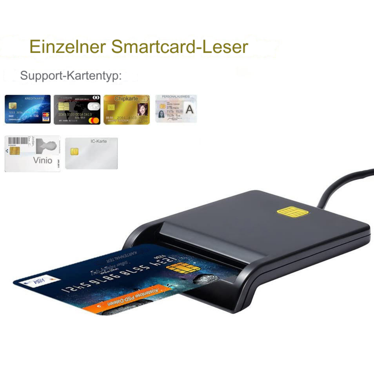 Schwarzes Smartcard-Lesegerät mit eingelegter Kreditkarte und Kartenbeispiele im Hintergrund.