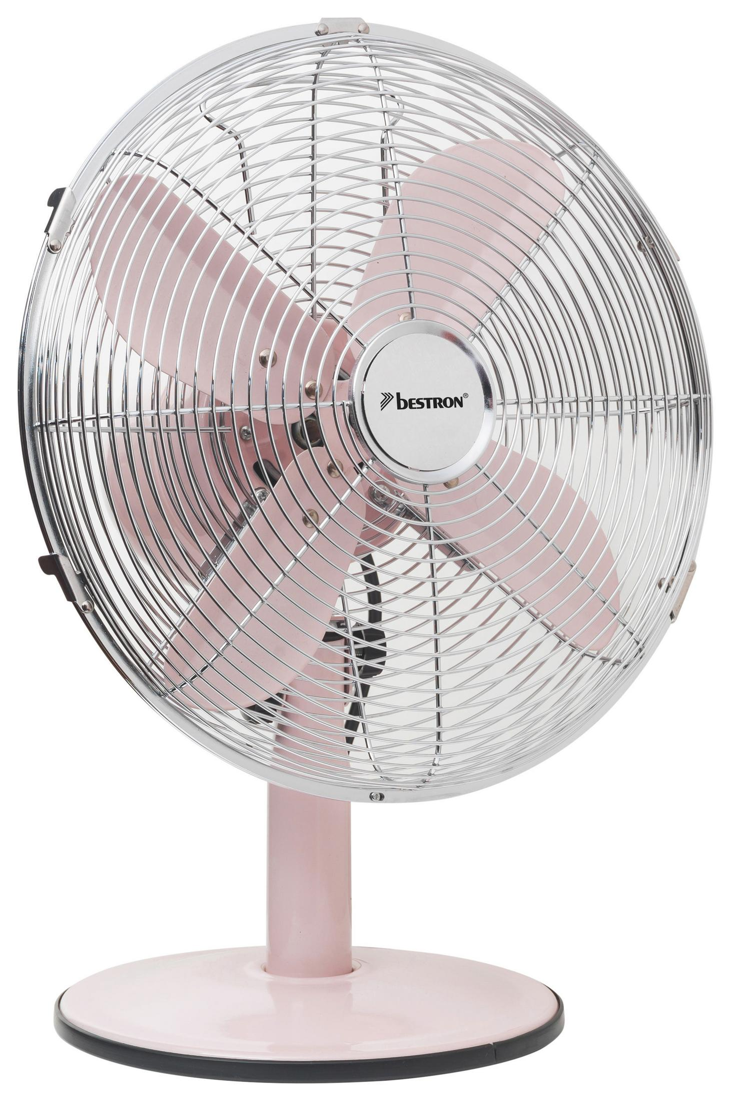 Ventilatore rosa con gabbia e supporto argentati, con la parola 'BESTRON'.