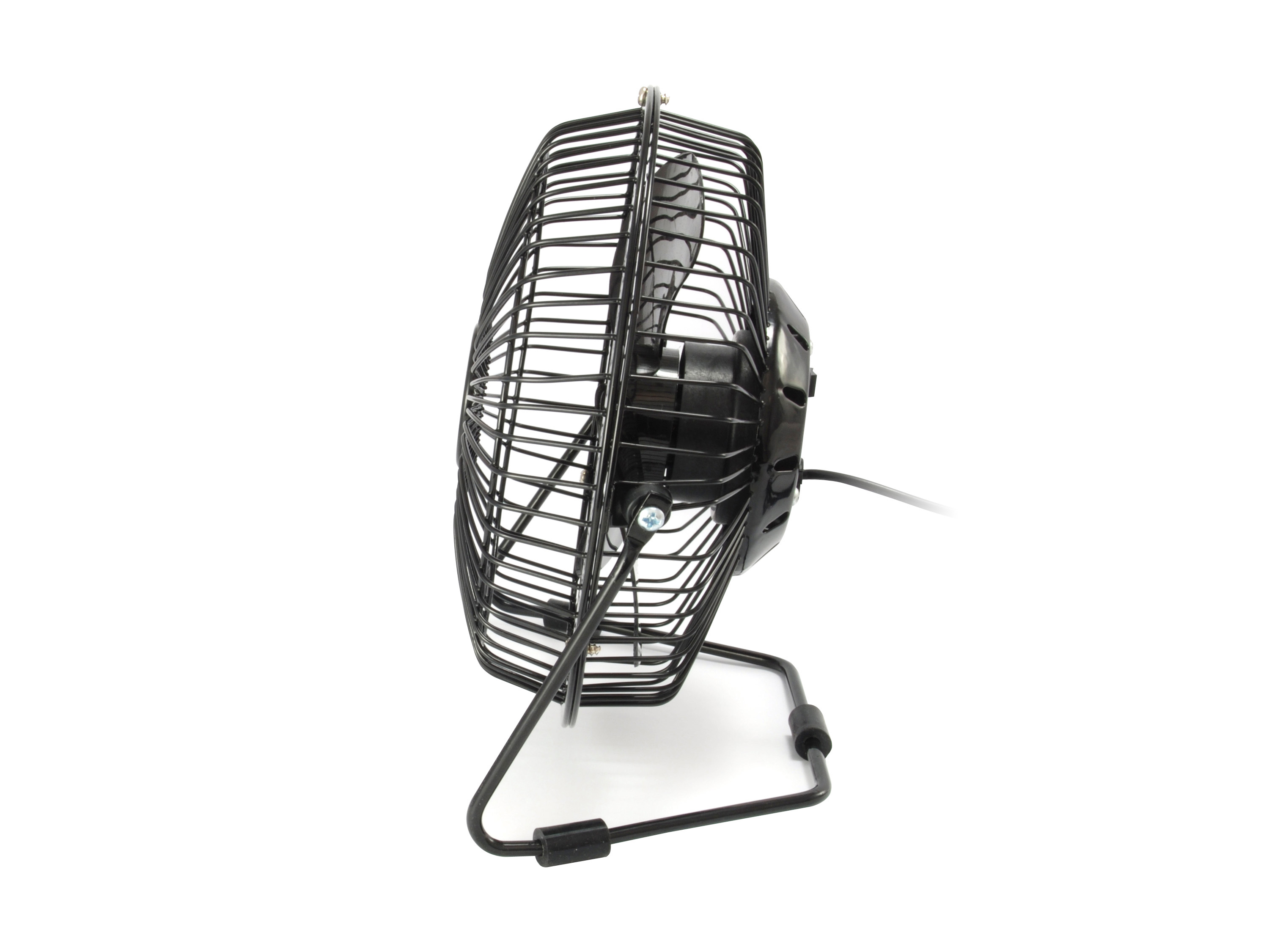 Black wire fan with a metal cage and stand, on a white background.
