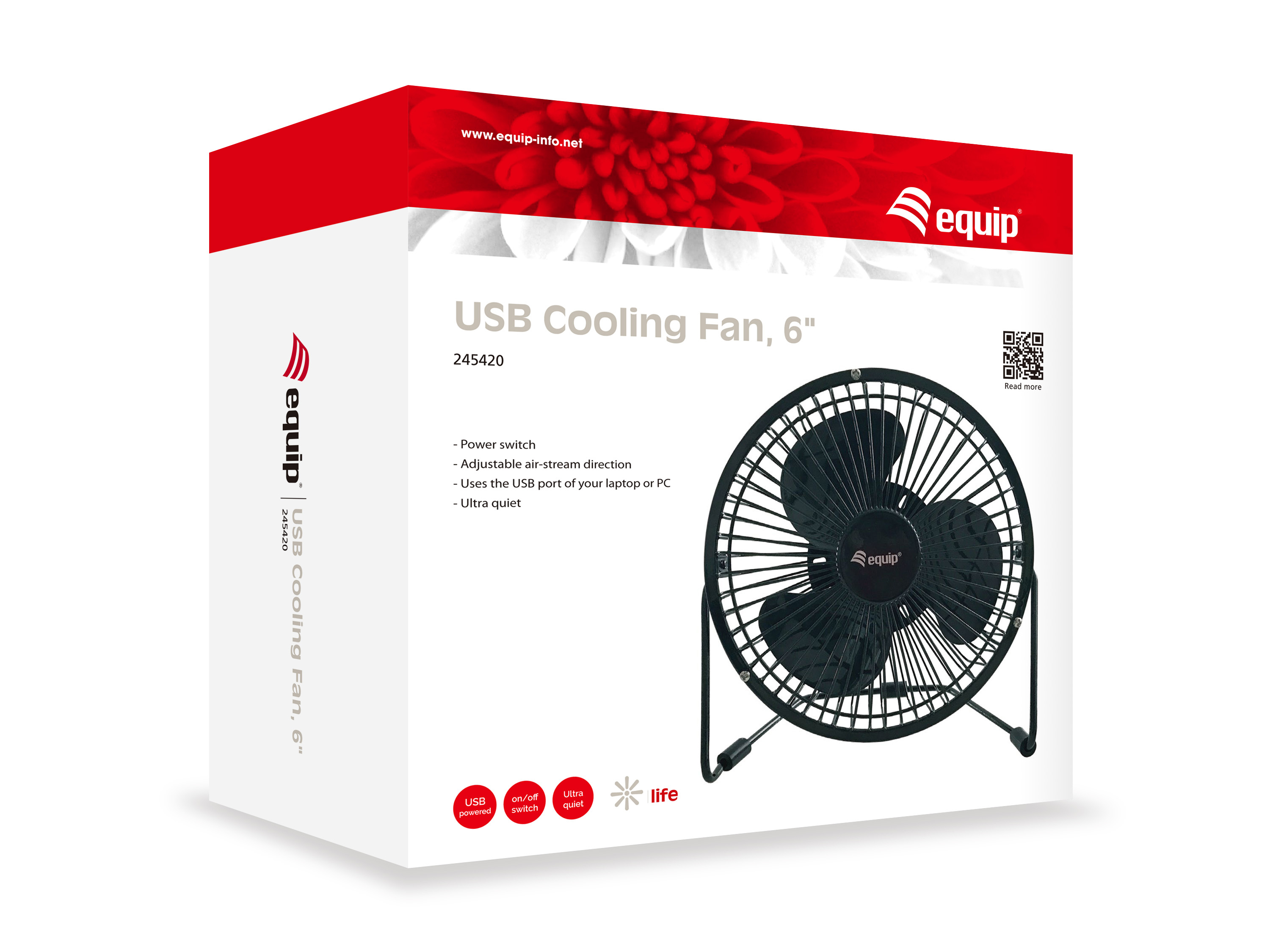 Black USB cooling fan in a white box with red and black text and a floral background.