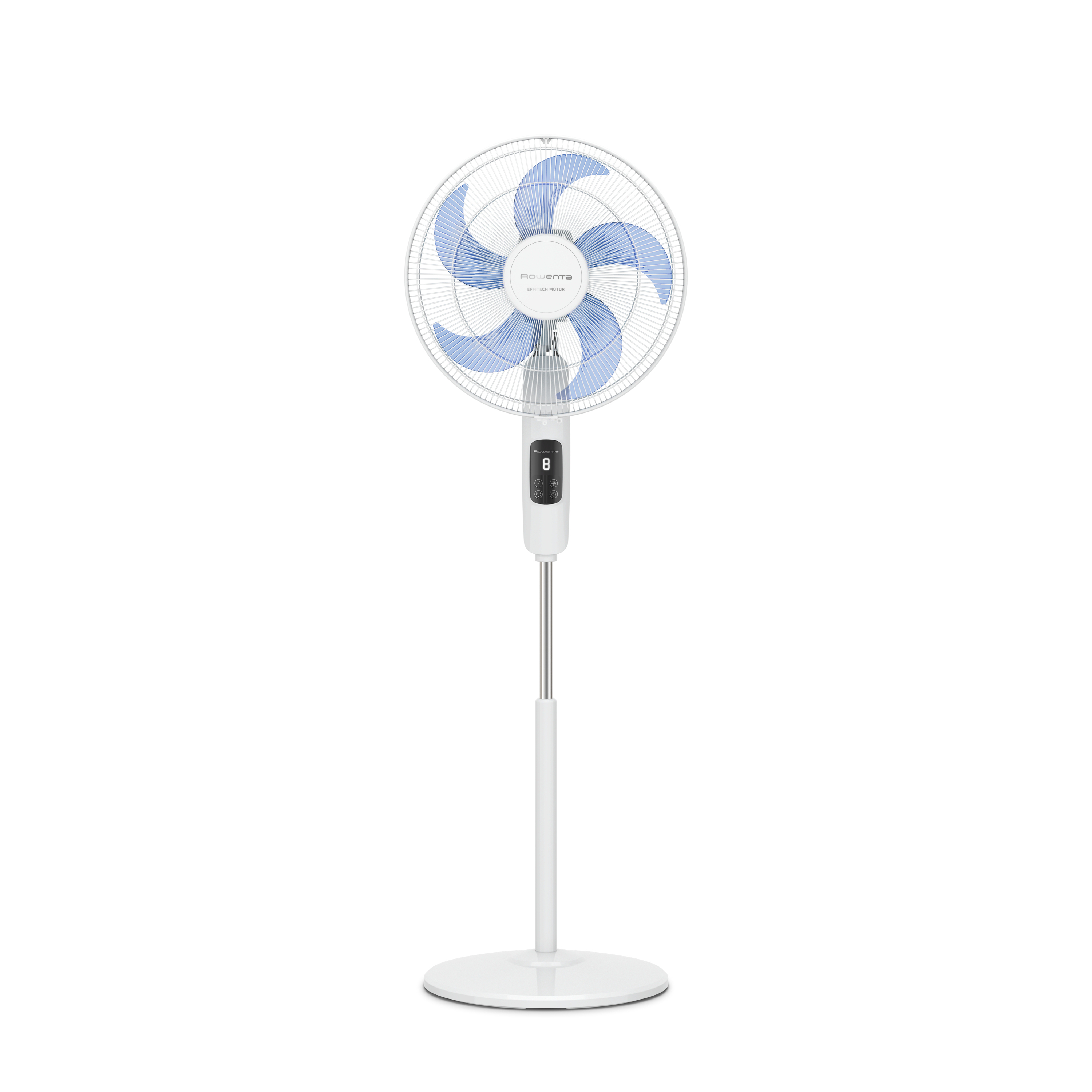 Biało-niebieski wentylator stojący, wyświetlający ustawienia na ekranie cyfrowym.