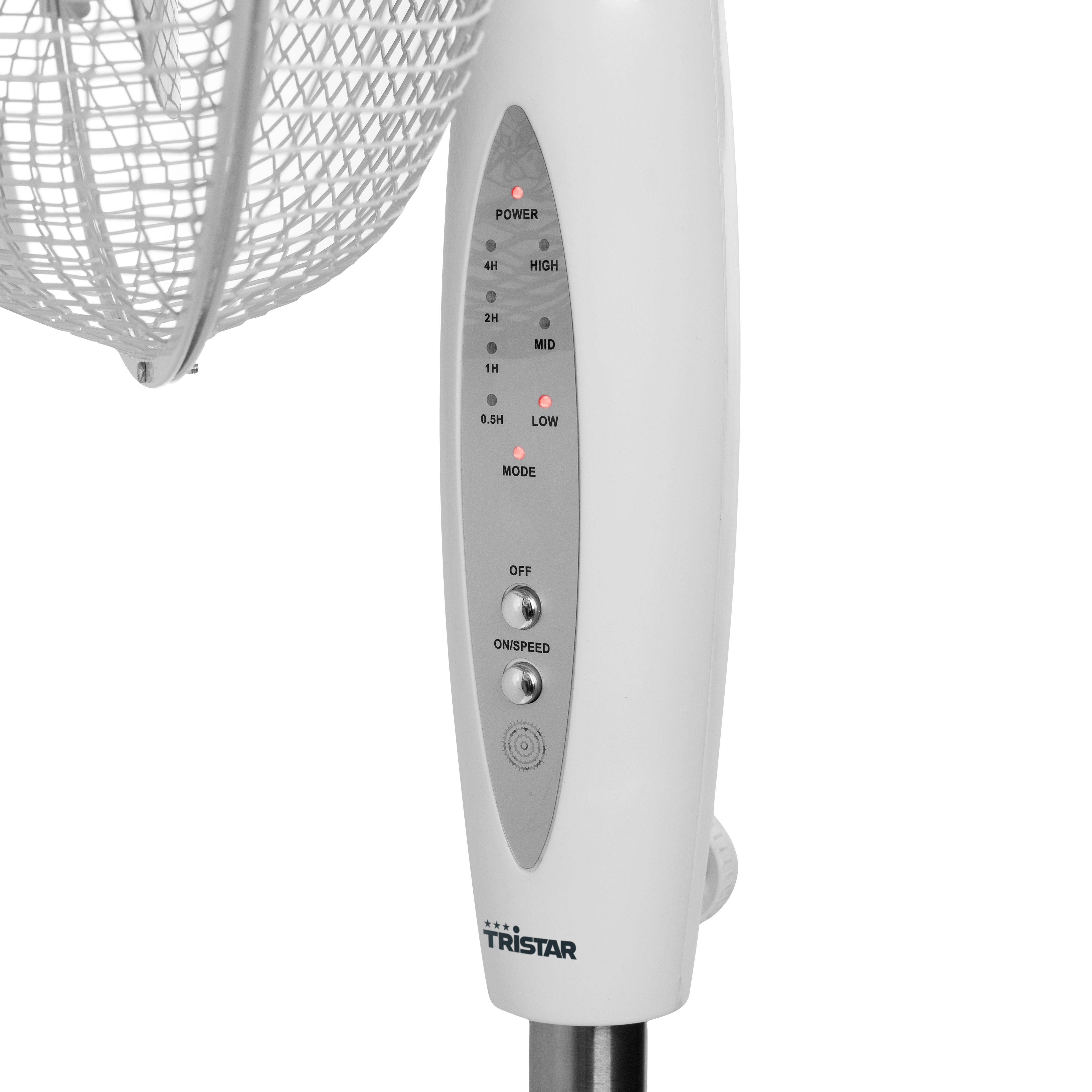 White fan control panel. Power, speed settings, and mode buttons are visible.