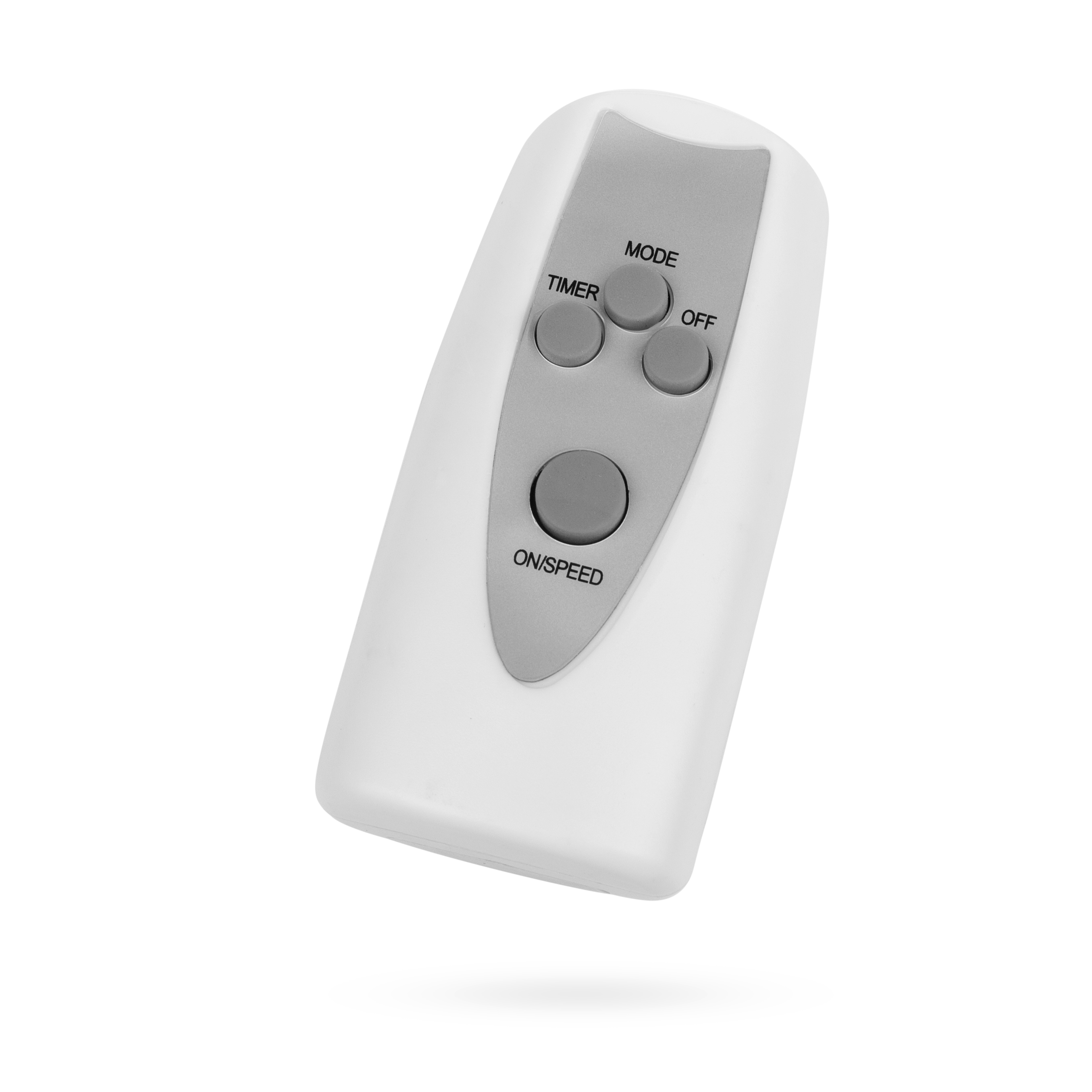 White remote control. It has three buttons: Timer, Mode, and On/Speed, all in gray.