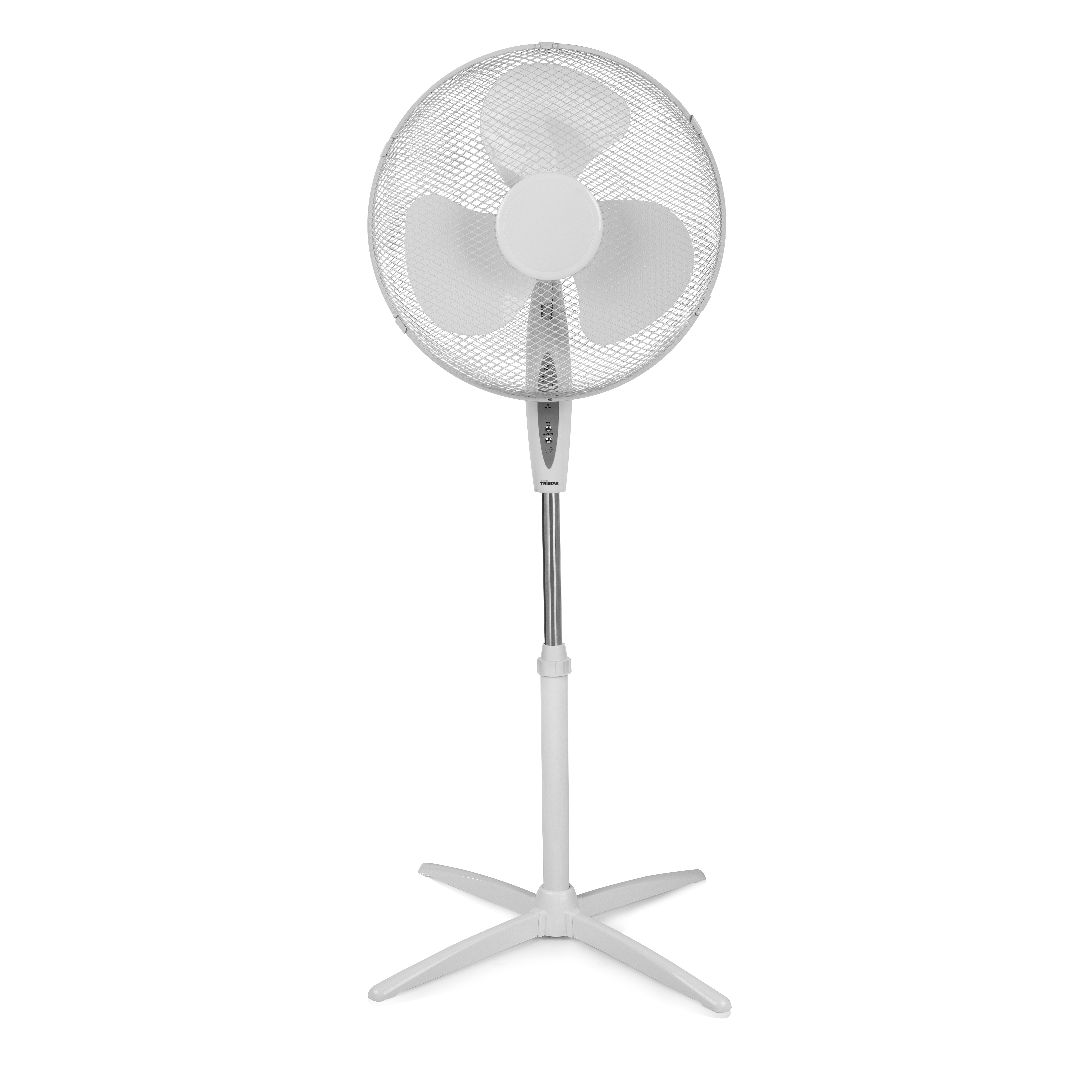 White stand fan with a mesh front. White base and pole. Isolated on white background.