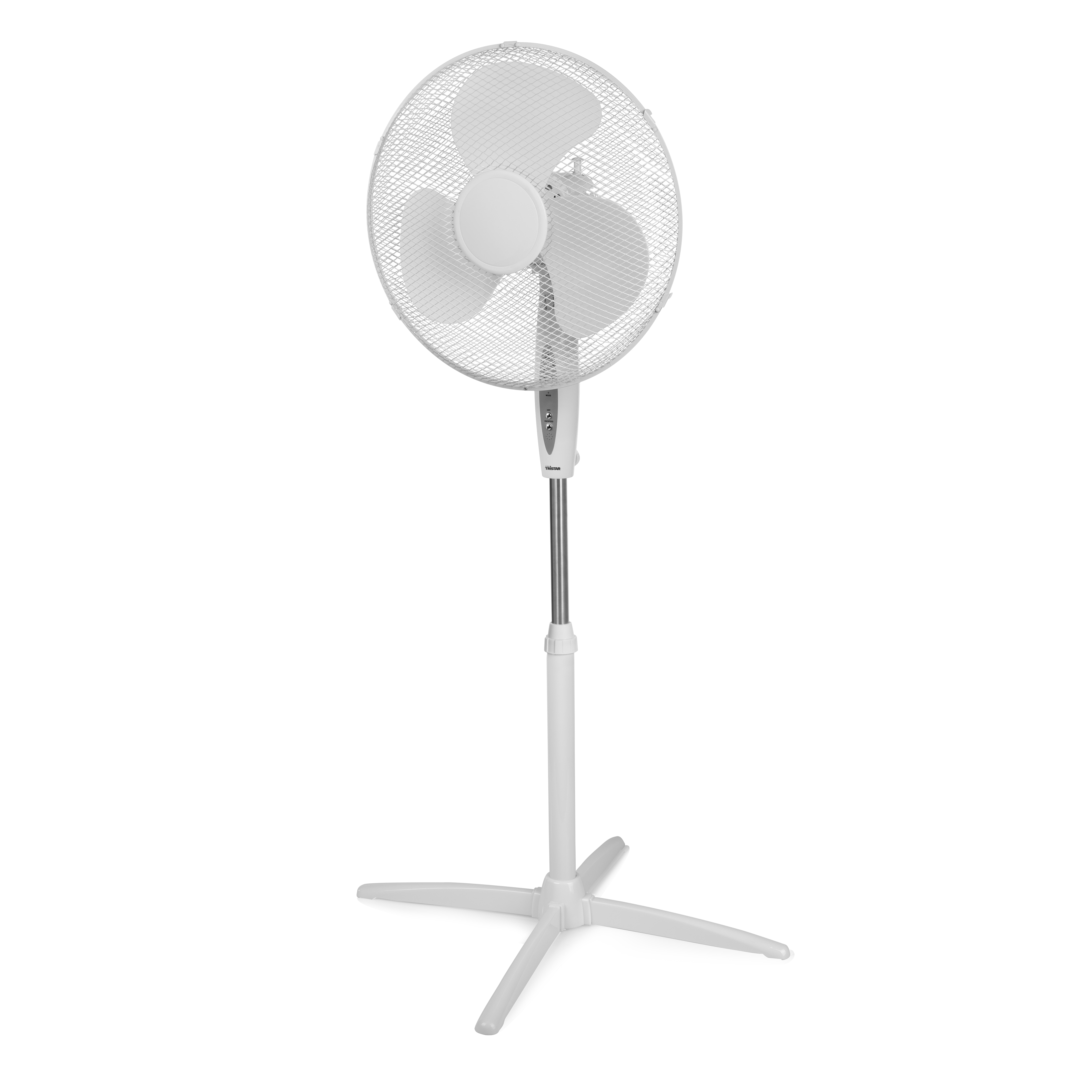 White standing fan. Three blades, metallic stand, white base. Isolated.