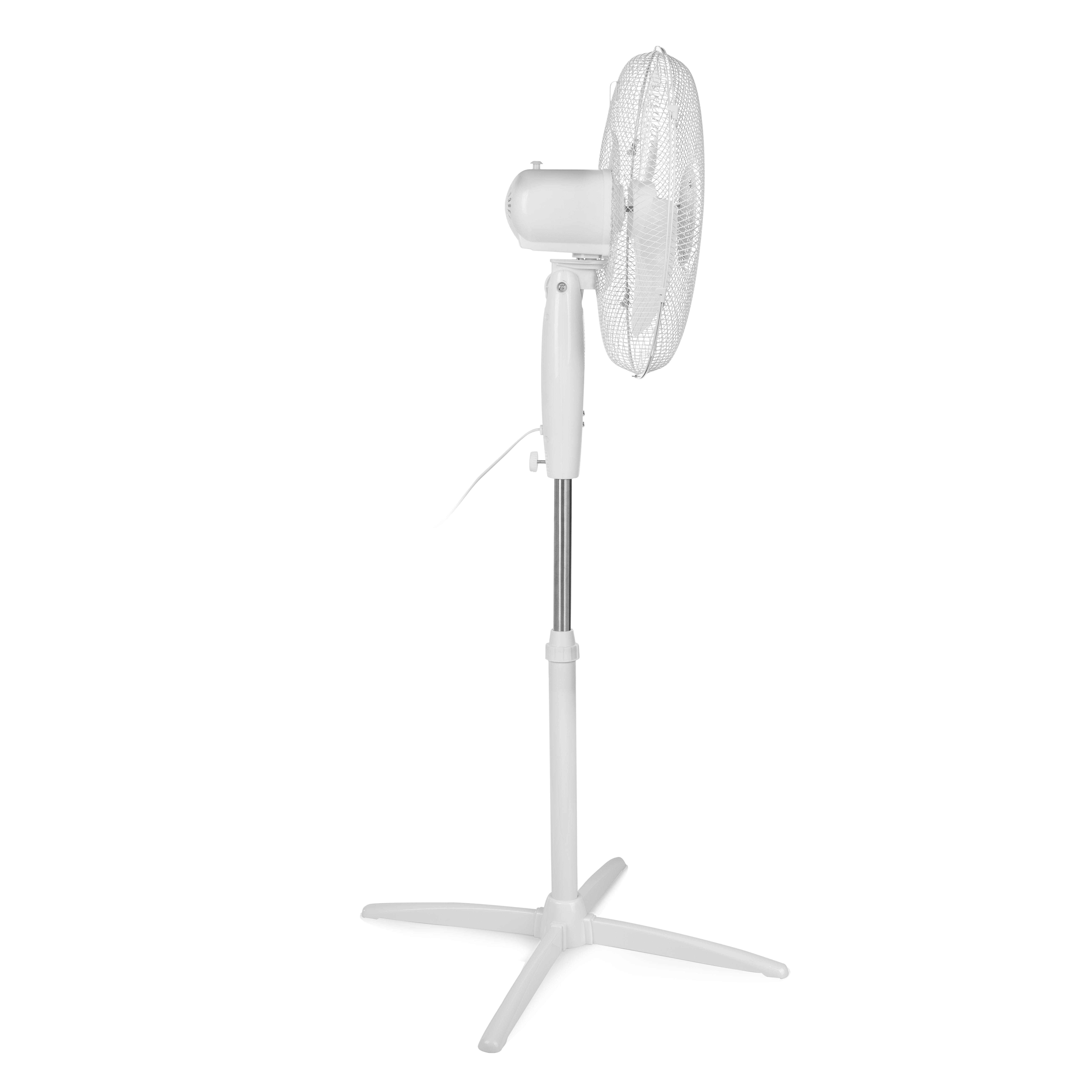 White standing fan, with a metal pole and white base. White background.