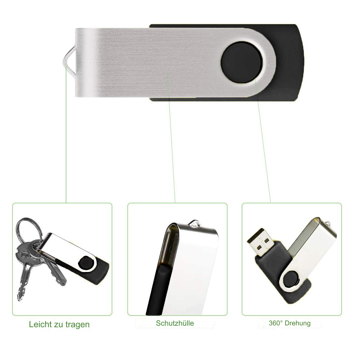 Silberner und schwarzer USB-Stick mit Schlüsseln und Etiketten auf weißem Grund.