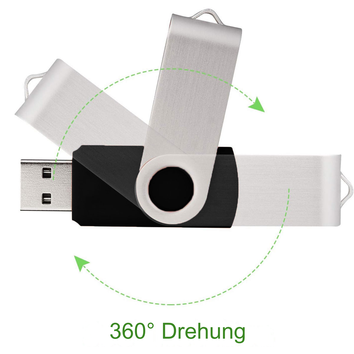 Silberner USB-Stick mit Drehdesign. Schwarzer Stecker und silbernes Metallgehäuse.