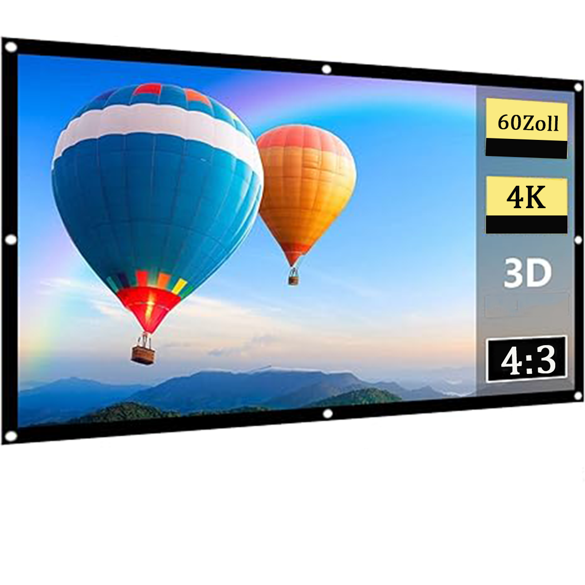 Ein schwarzer Bildschirm mit blauem Himmel und zwei Heißluftballons, mit Text 60 Zoll, 4K, 3D, 4:3.
