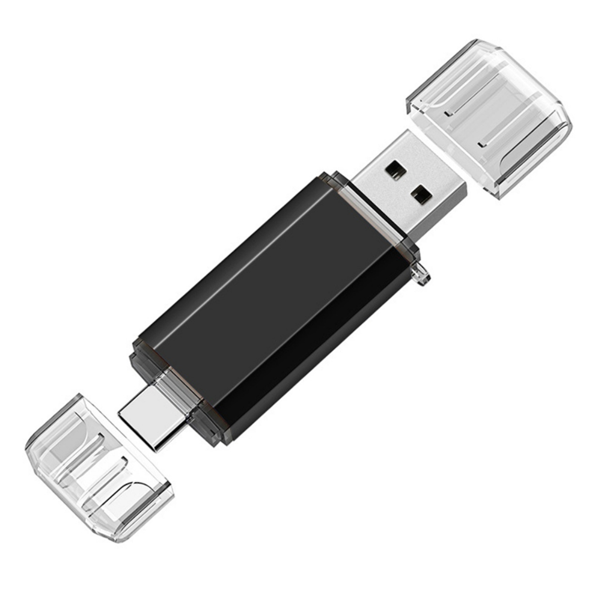 Schwarzer und klarer USB-Stick mit USB-A, USB-C und transparenten Kappen, auf weißem Hintergrund.