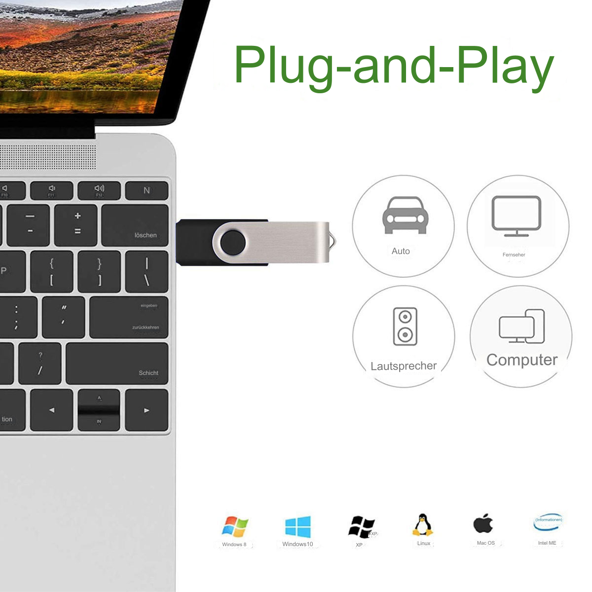 Ein Laptop mit USB-Laufwerk und Symbolen für verschiedene Betriebssysteme. Der Text "Plug-and-Play" ist sichtbar.