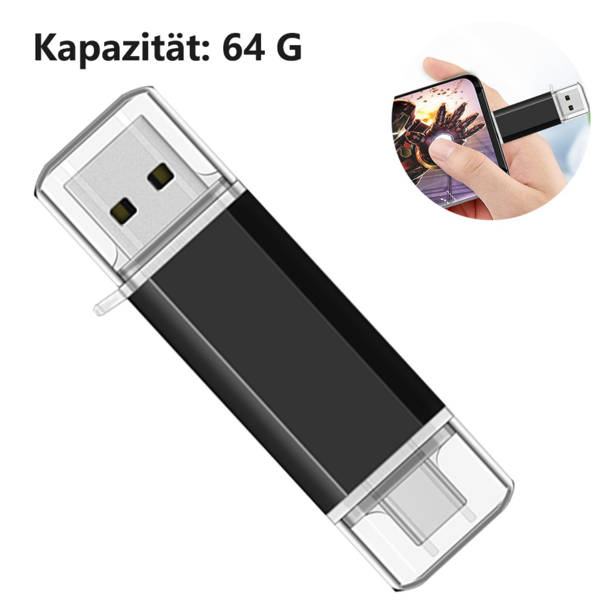 Ein schwarzer und silberner USB-Stick mit einem Bild eines Telefons.