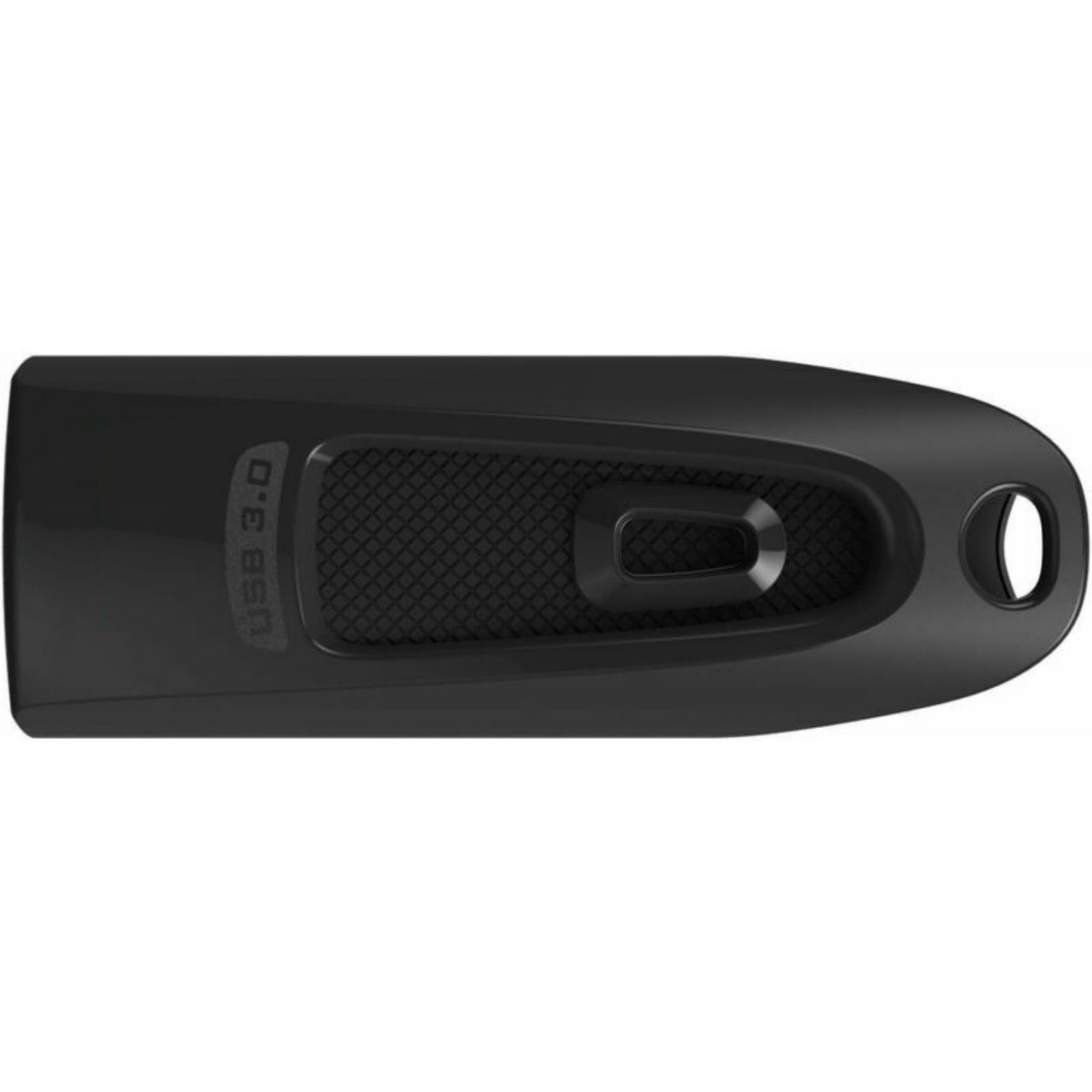 Schwarzer USB-Stick, Draufsicht, mit strukturiertem Griffbereich.