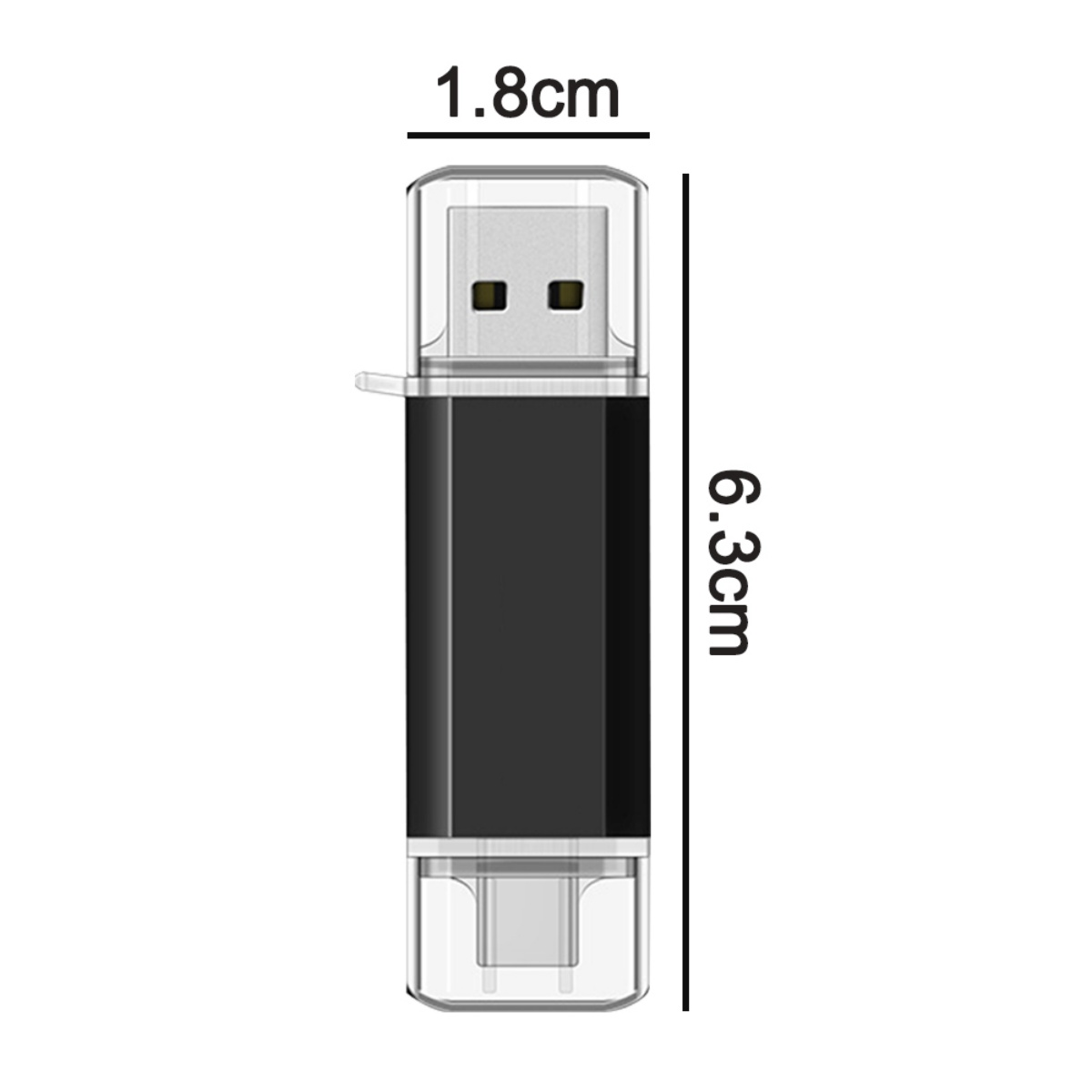 Ein schwarzer und durchsichtiger USB-Stick mit den Maßen 1,8 cm x 6,3 cm.