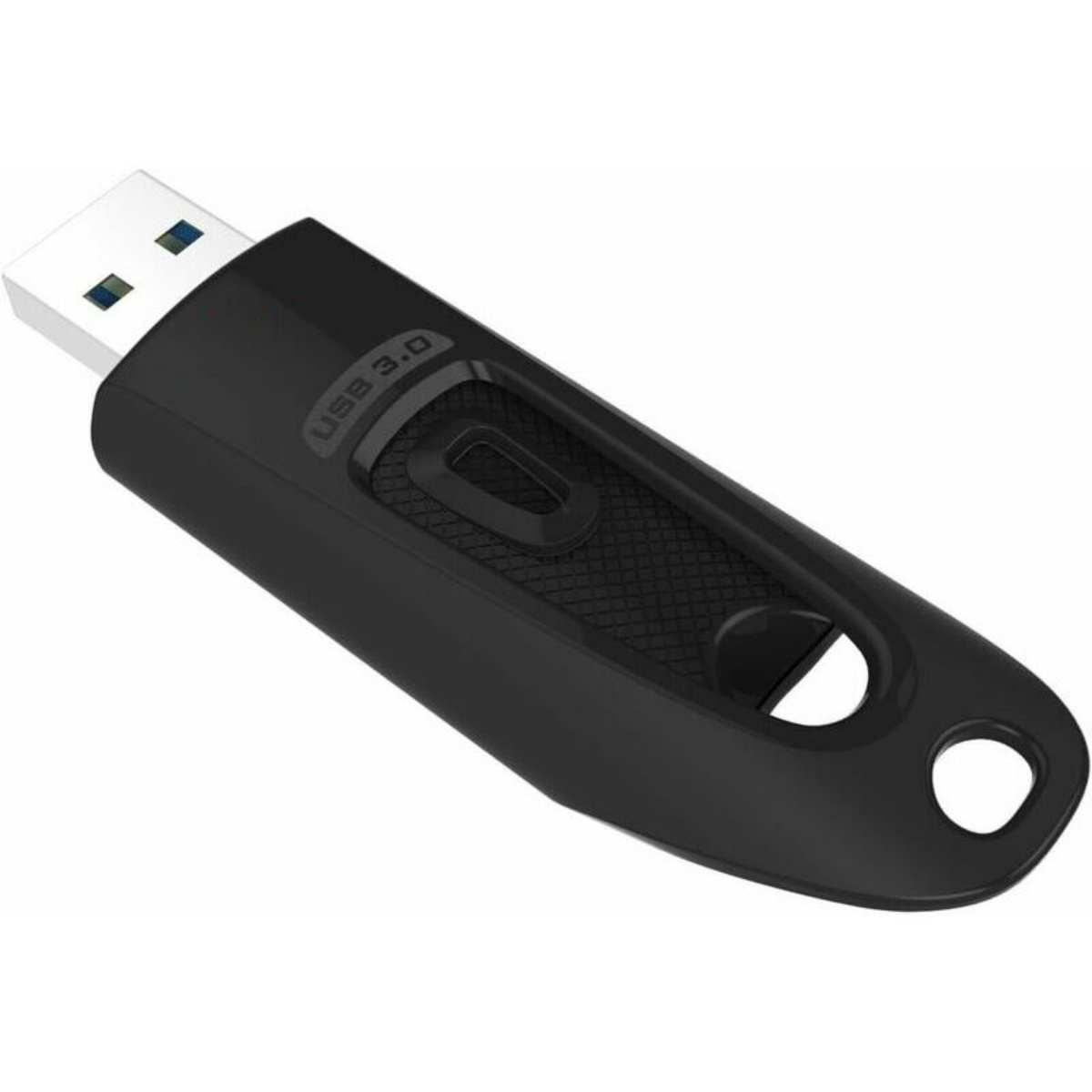 Ein schwarzer USB 3.0-Stick. Er hat einen strukturierten Griff und befindet sich auf weißem Hintergrund.
